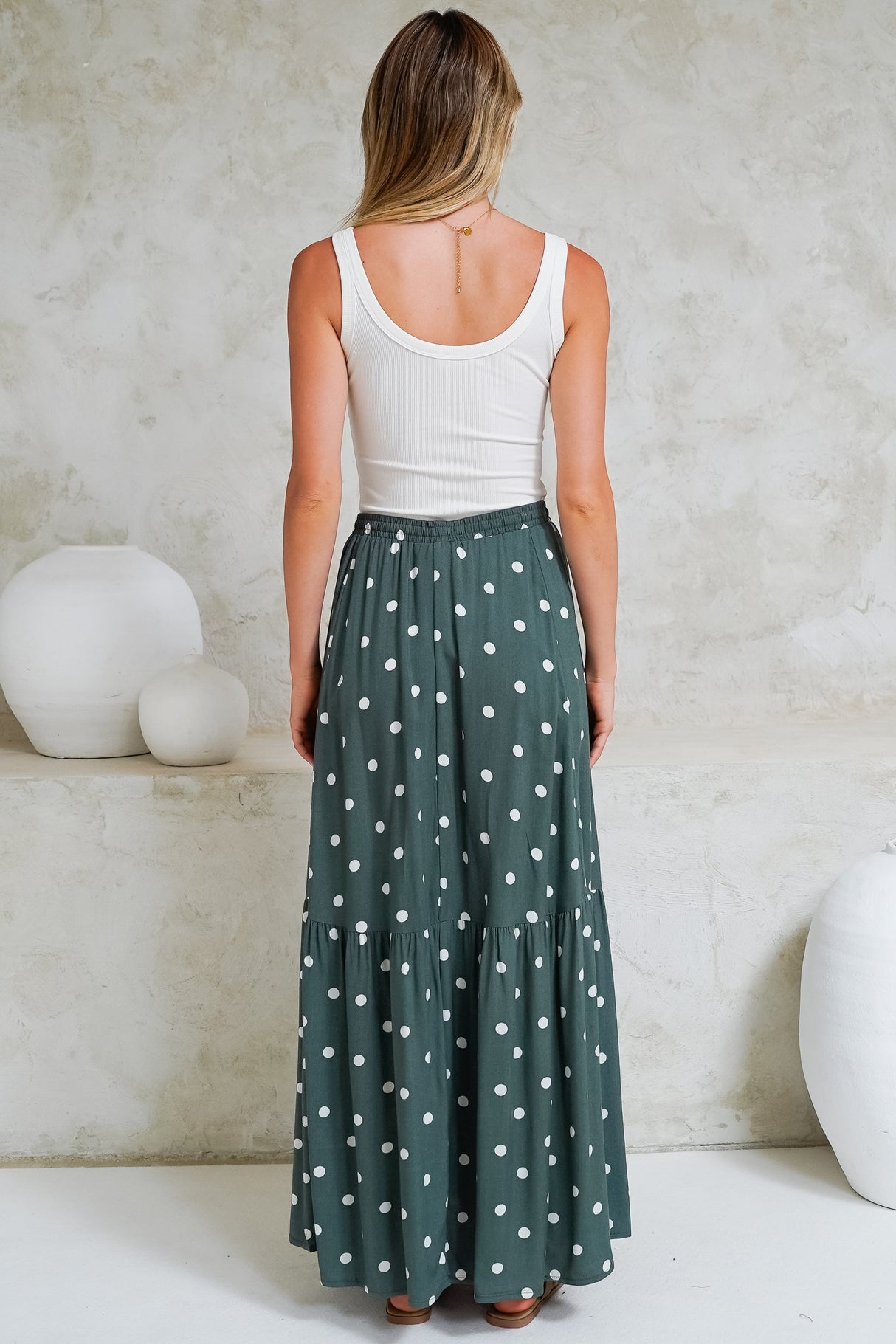 Hellen Maxi Skirt - High Waisted Skirt with Front Splits in Parisian Polka Print Khaki