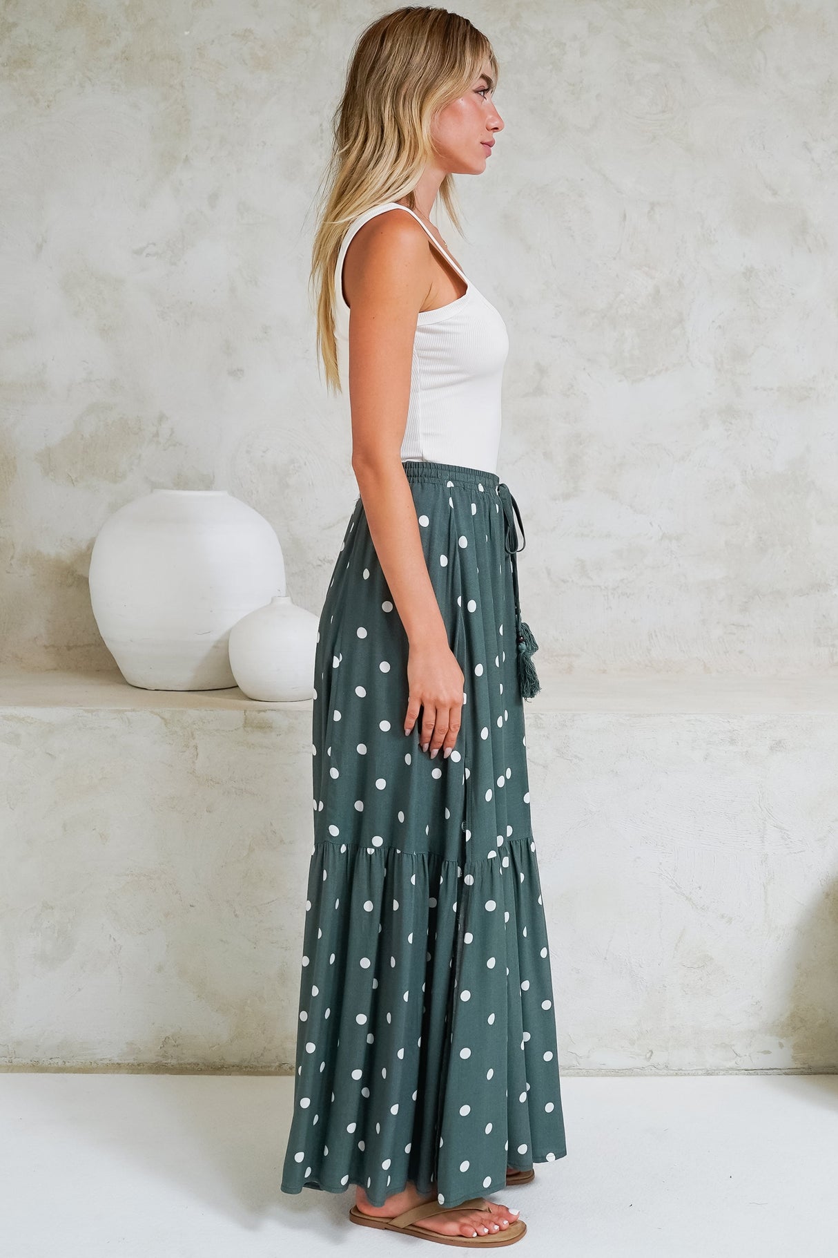 Hellen Maxi Skirt - High Waisted Skirt with Front Splits in Parisian Polka Print Khaki