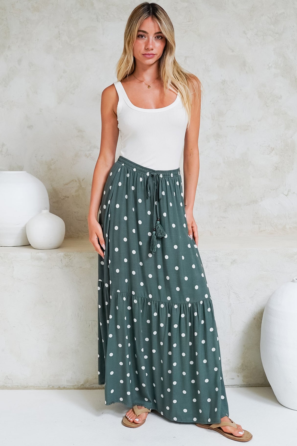 Hellen Maxi Skirt - High Waisted Skirt with Front Splits in Parisian Polka Print Khaki