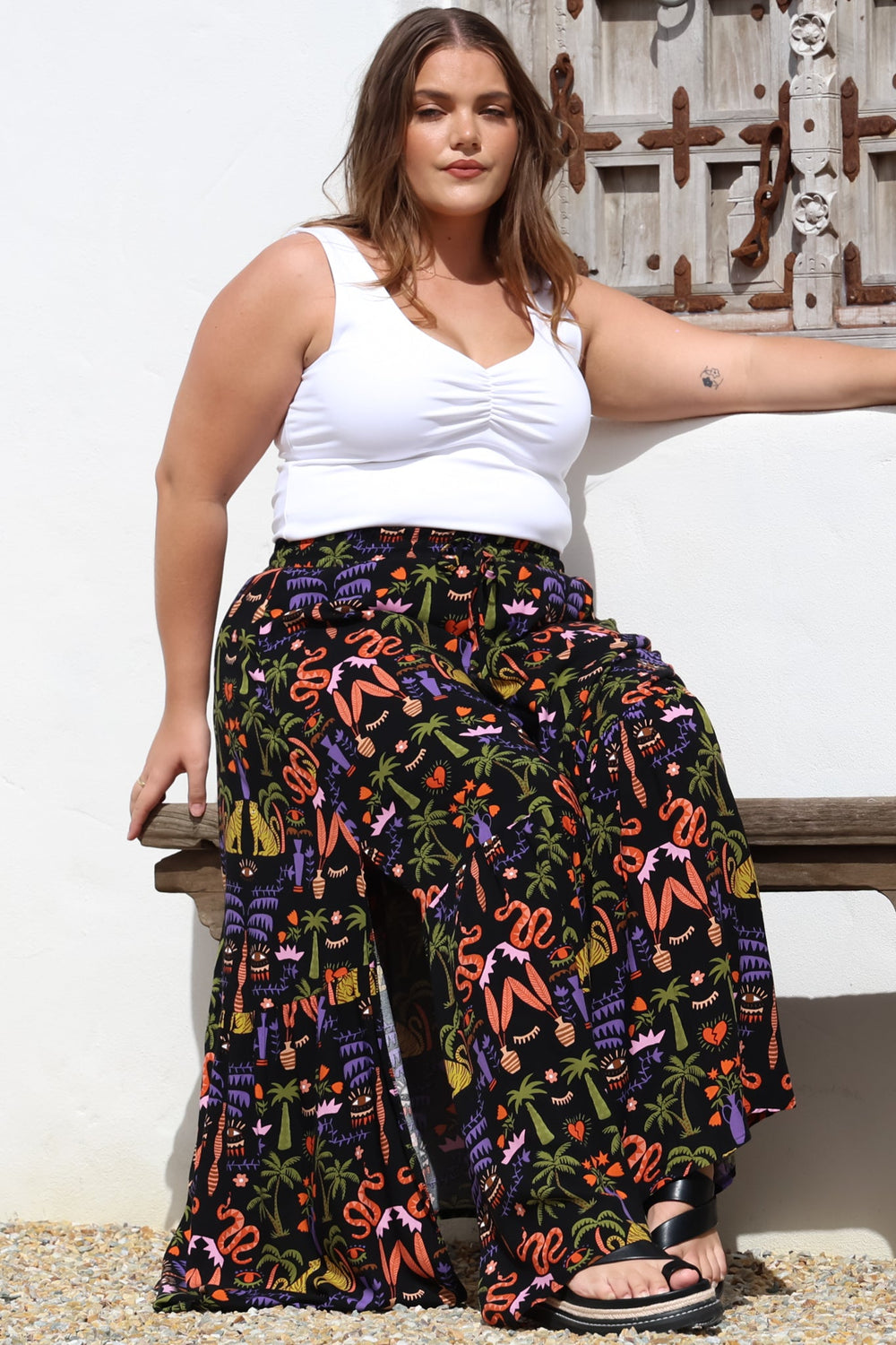Hellen Maxi Skirt - High Waisted Skirt with Front Splits in Ayla Print Black