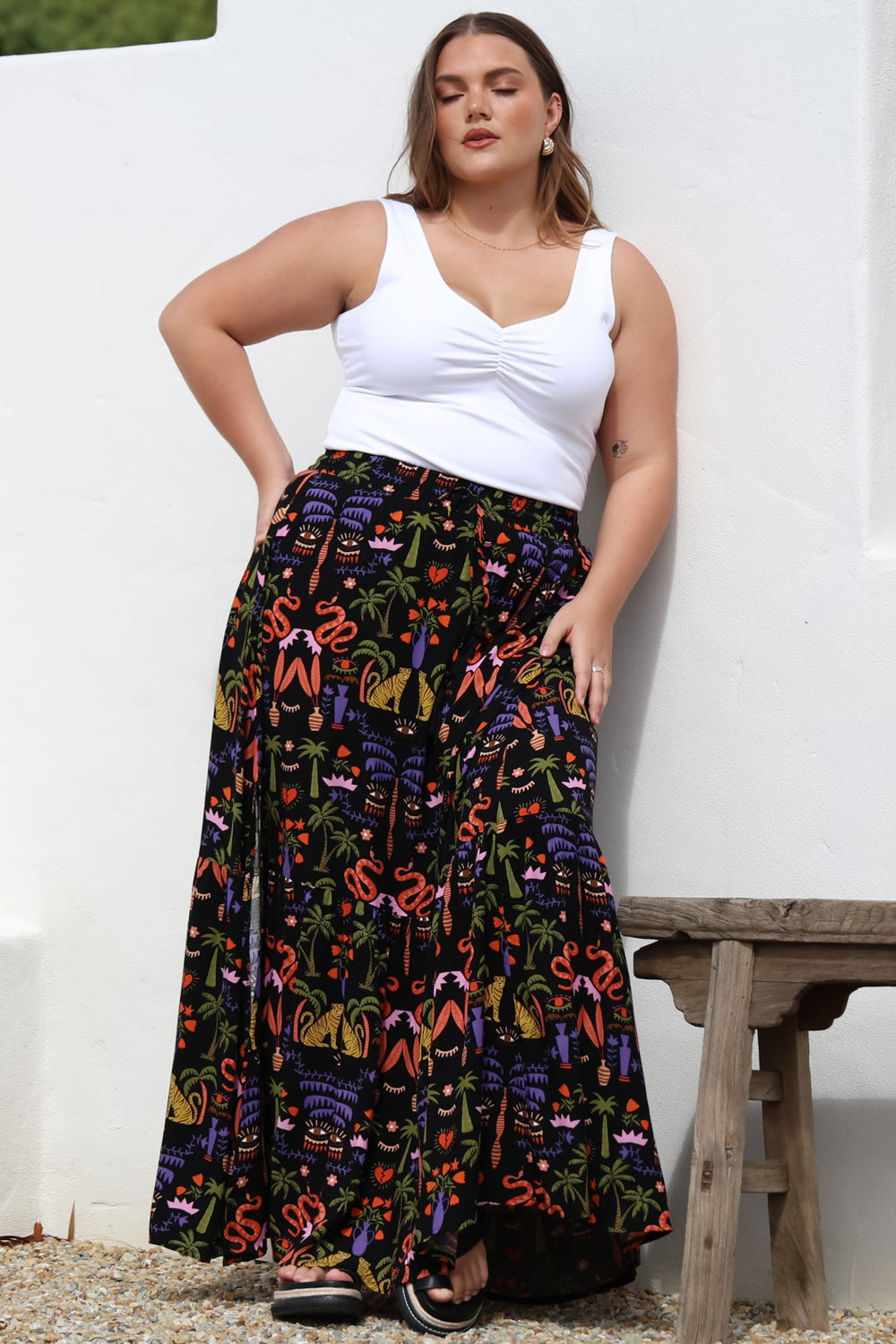 Hellen Maxi Skirt - High Waisted Skirt with Front Splits in Ayla Print Black