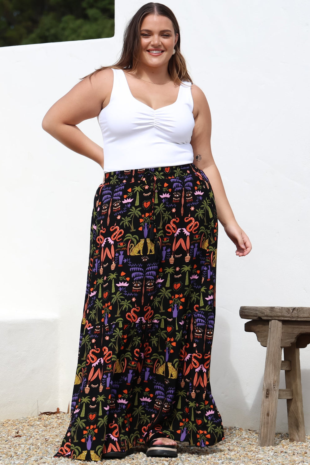 Hellen Maxi Skirt - High Waisted Skirt with Front Splits in Ayla Print Black