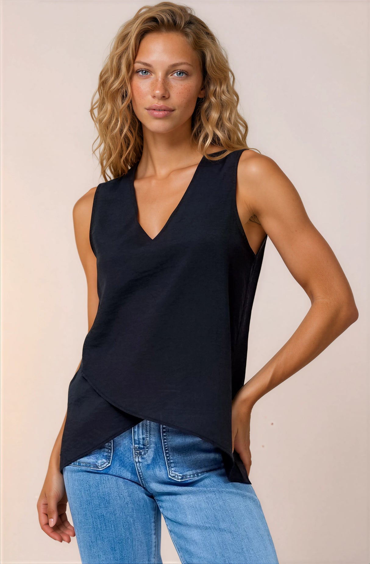 Hemingway Top - Asymmetrical Front High-Low V-Neck Sleeveless Top in Black