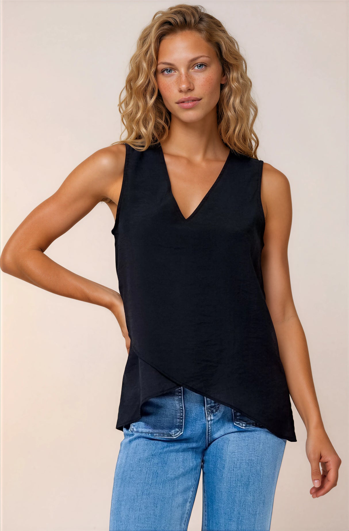 Hemingway Top - Asymmetrical Front High-Low V-Neck Sleeveless Top in Black
