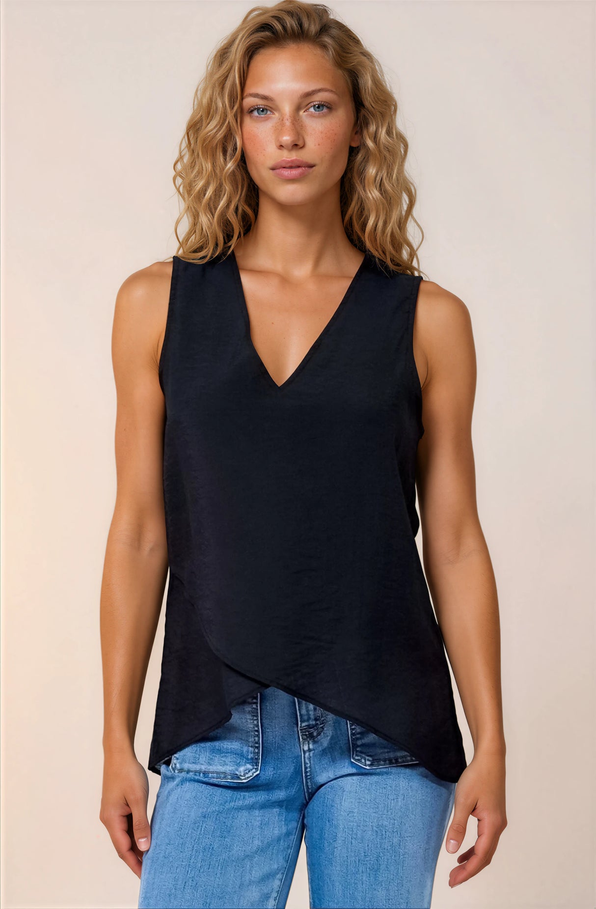 Hemingway Top - Asymmetrical Front High-Low V-Neck Sleeveless Top in Black