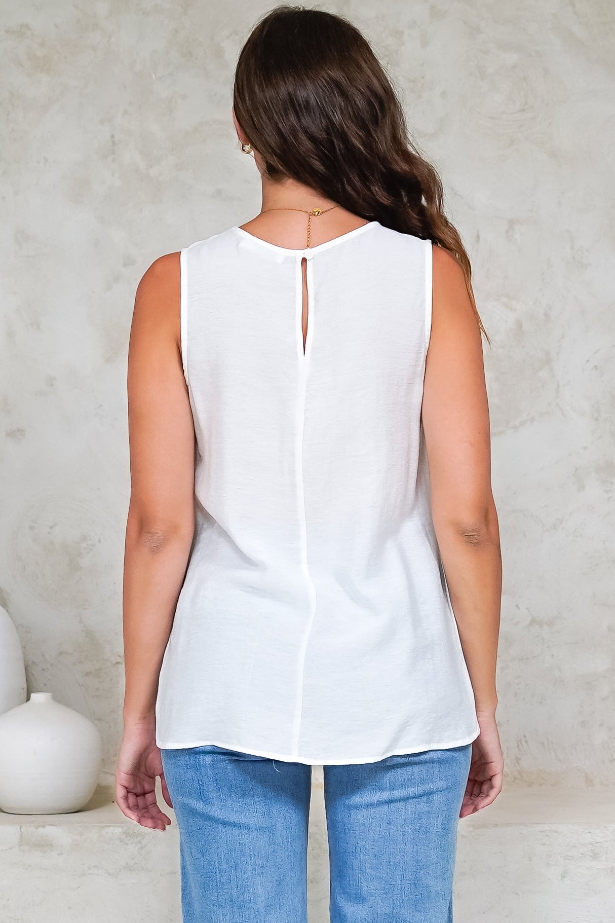 Hemingway Top - Asymmetrical Front High-Low V-Neck Sleeveless Top in White