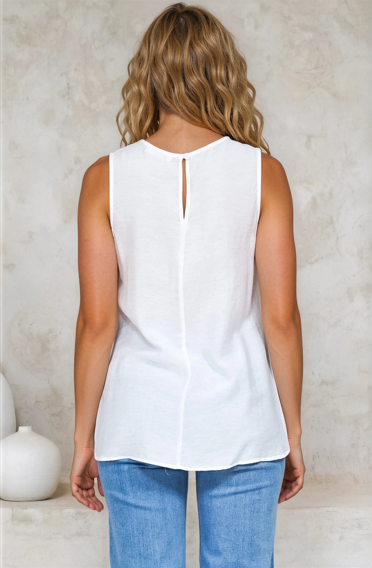 Hemingway Top - Asymmetrical Front High-Low V-Neck Sleeveless Top in White