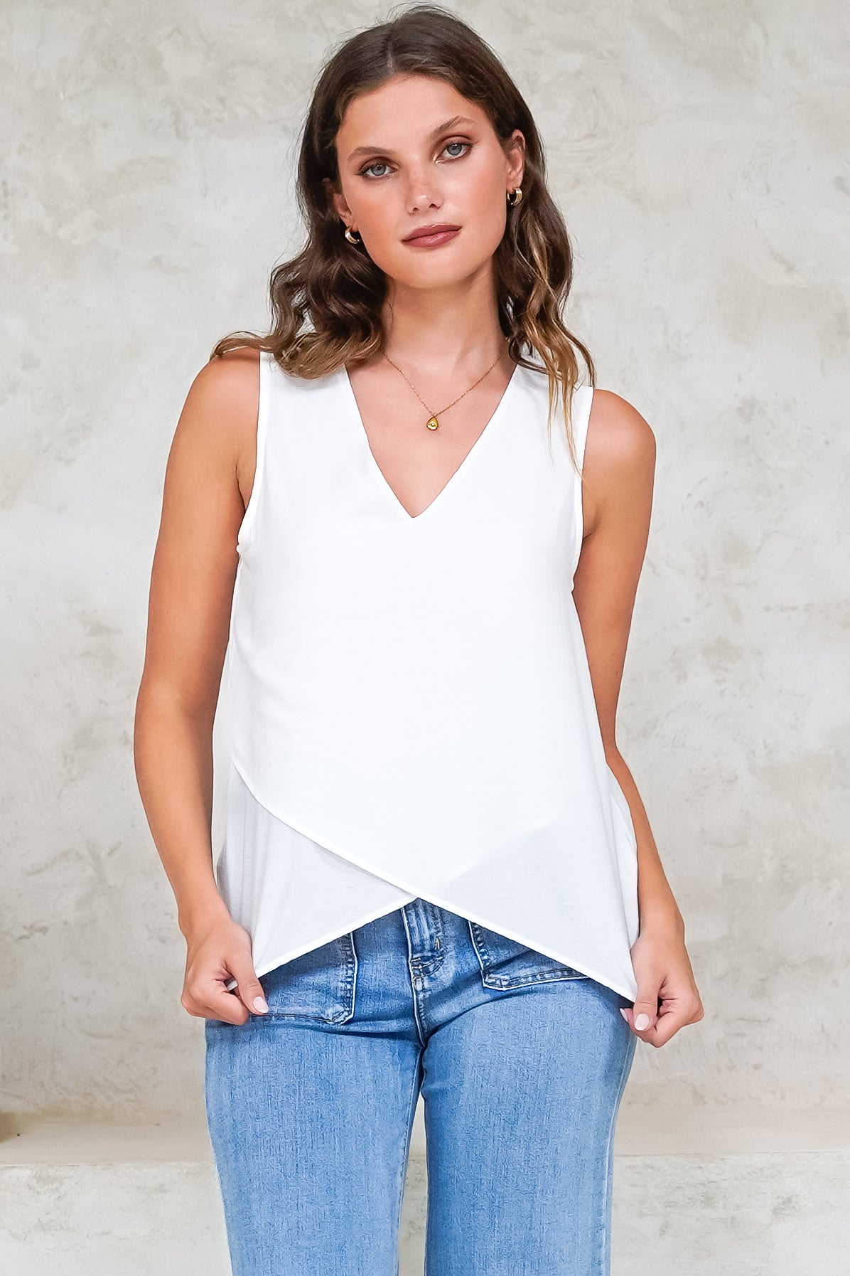 Hemingway Top - Asymmetrical Front High-Low V-Neck Sleeveless Top in White