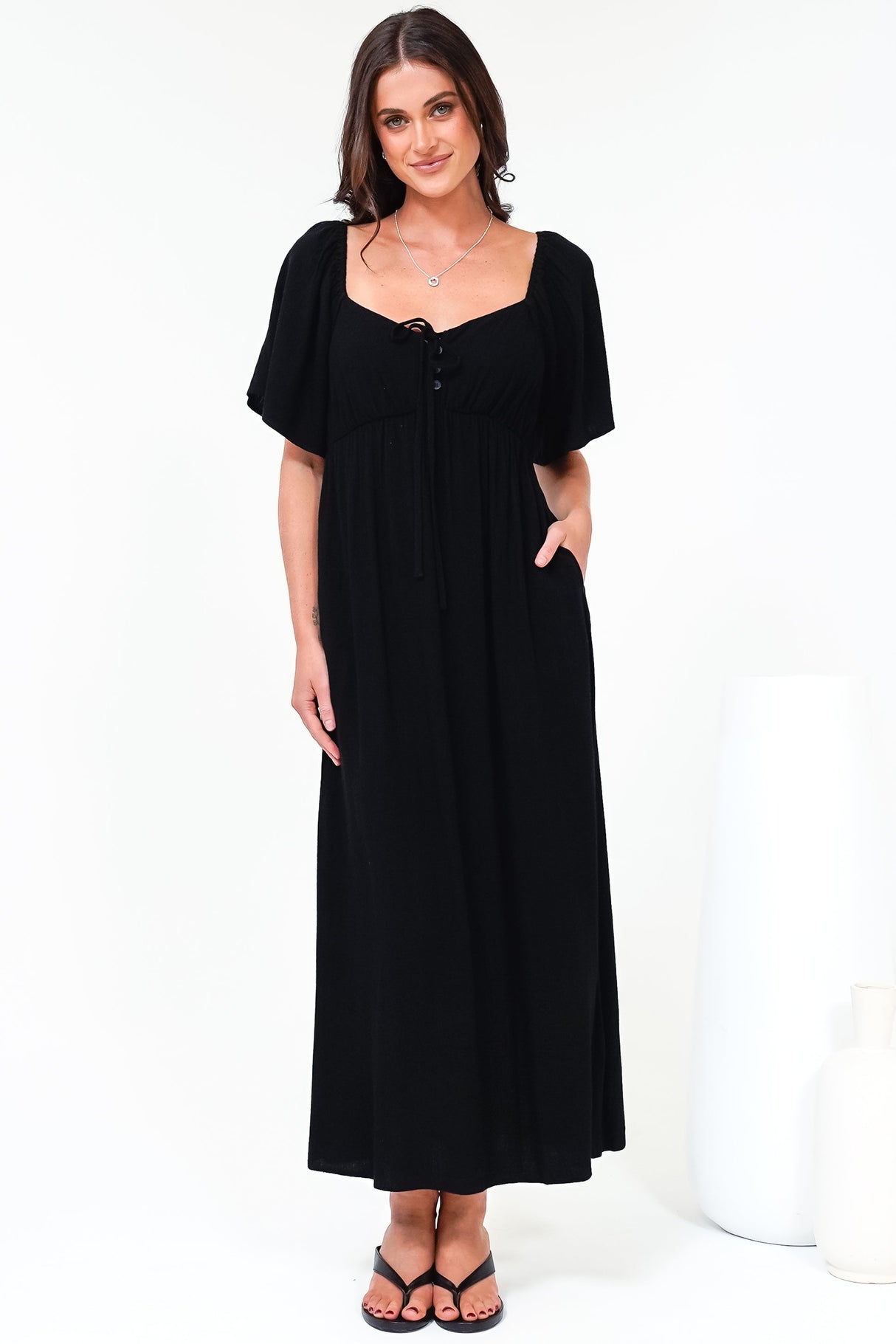 Henrietta Midi Dress - Sweetheart Neckline Short Sleeve Dress in Black