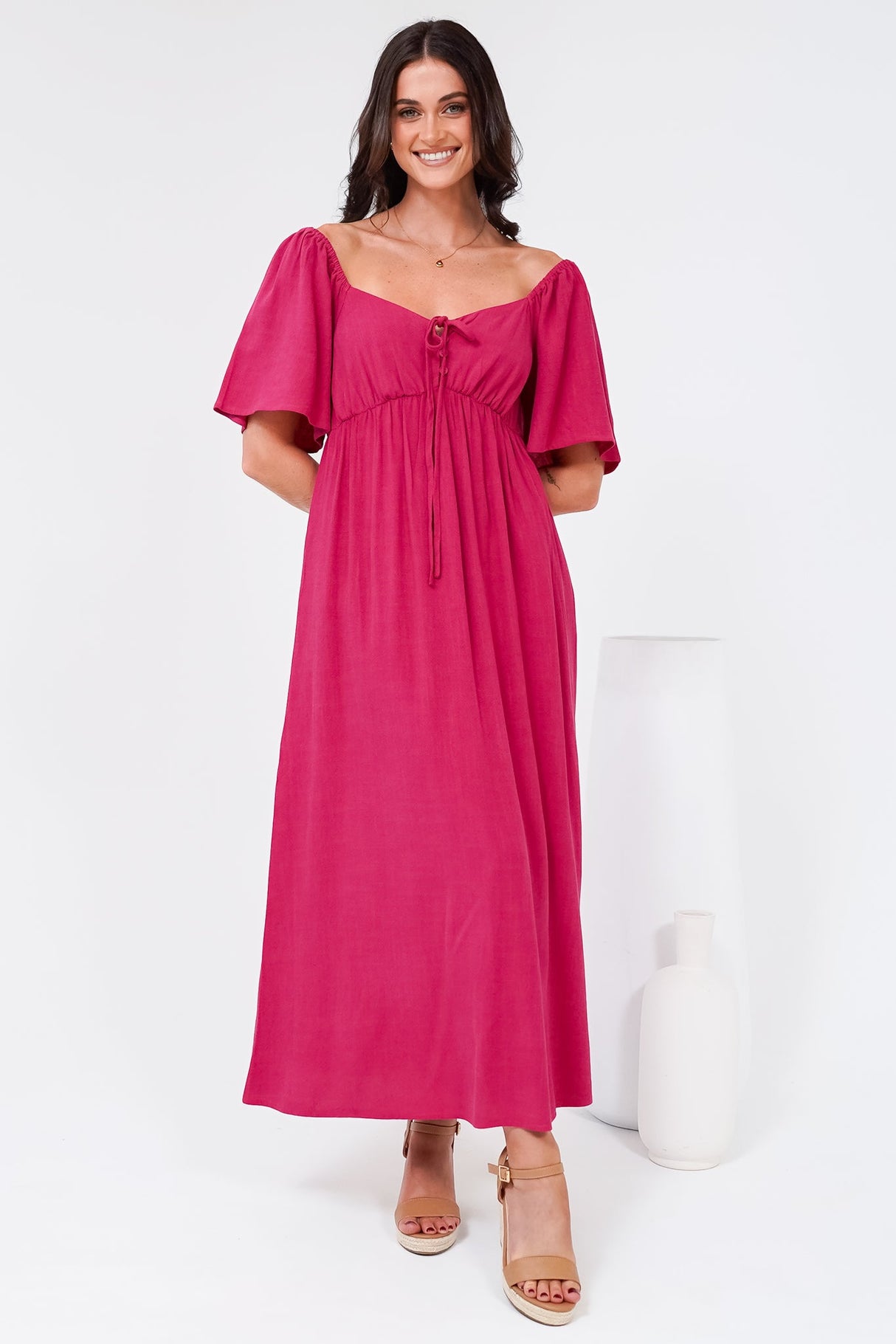 Henrietta Midi Dress - Sweetheart Neckline Short Sleeve Dress in Hot Pink