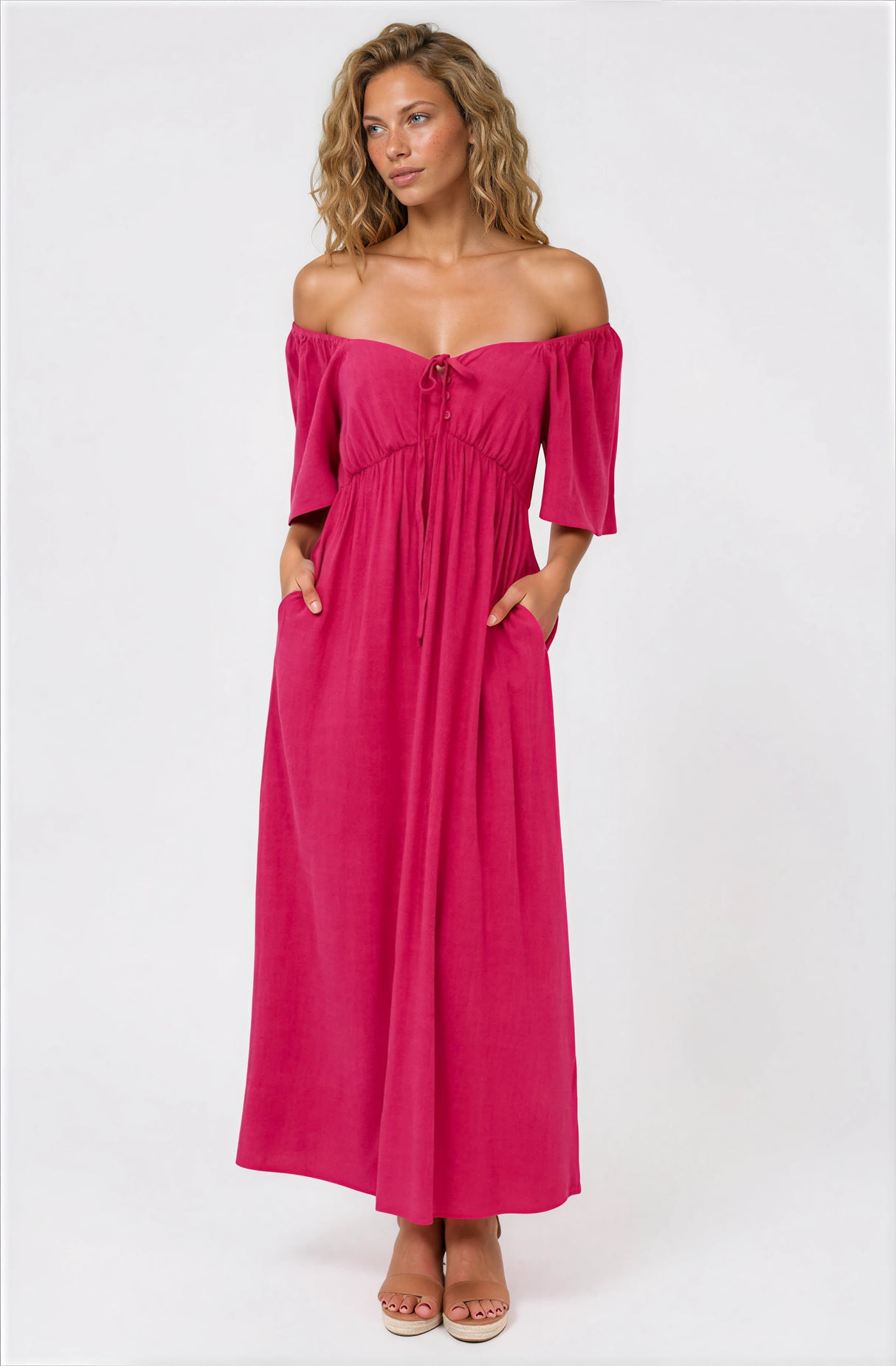 Henrietta Midi Dress - Sweetheart Neckline Short Sleeve Dress in Hot Pink