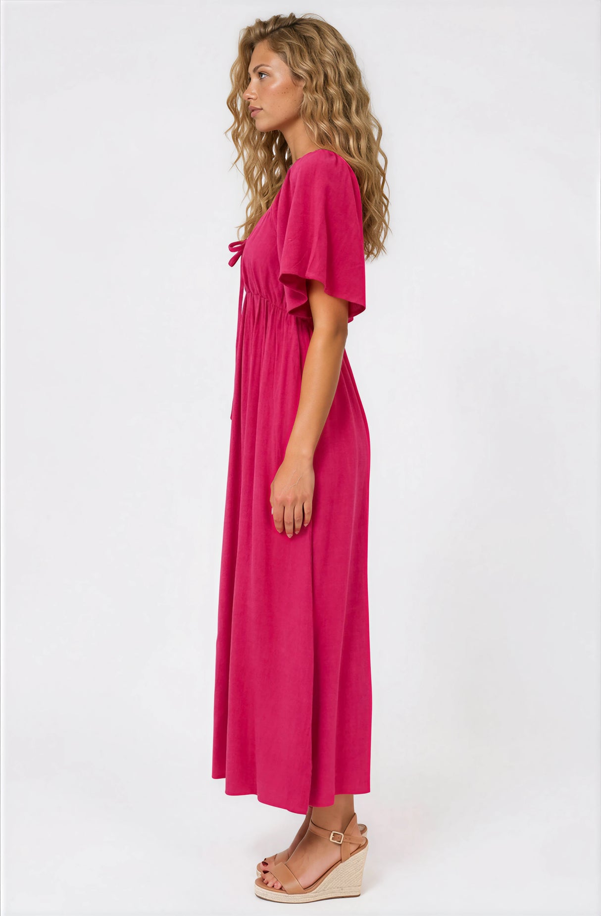 Henrietta Midi Dress - Sweetheart Neckline Short Sleeve Dress in Hot Pink