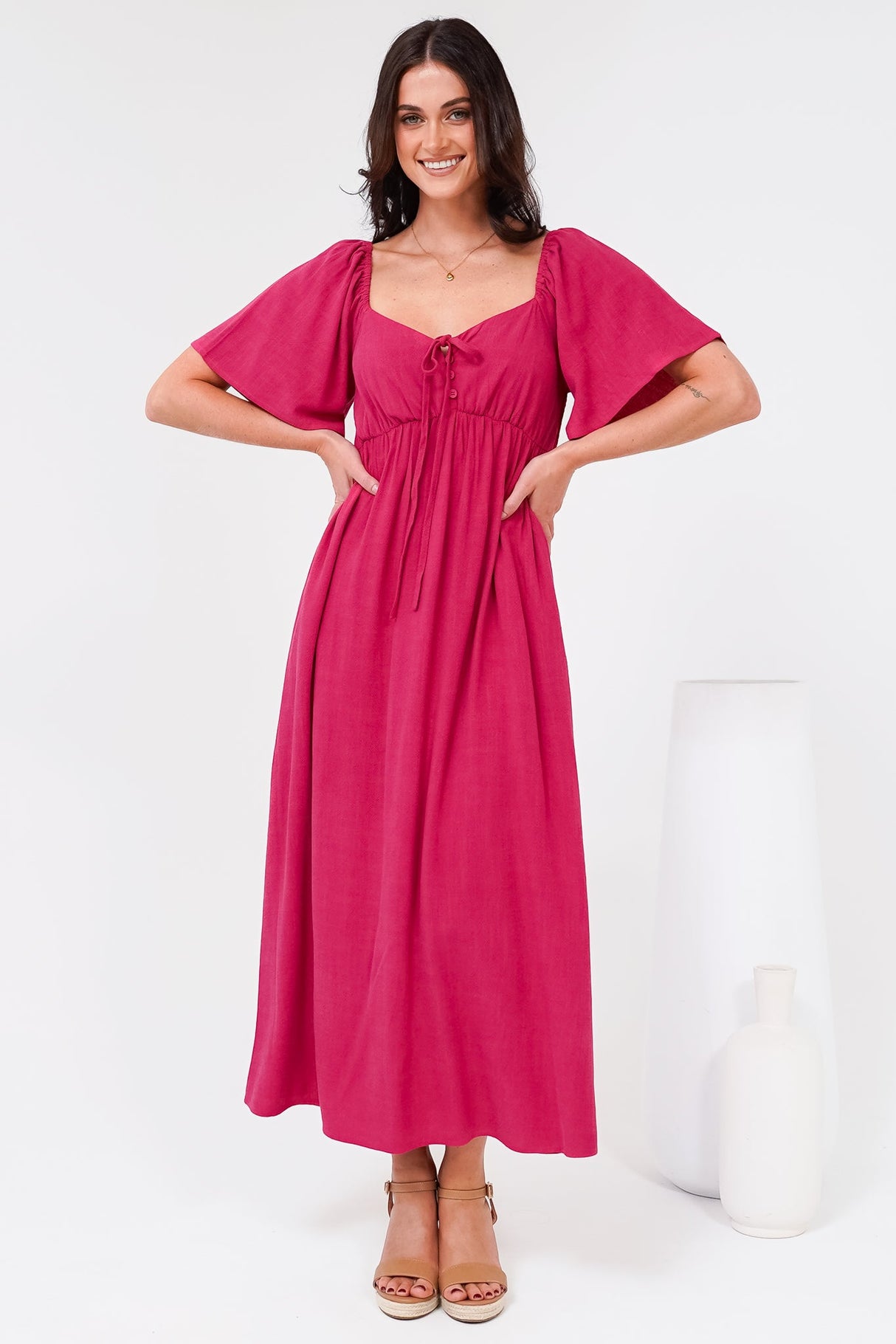Henrietta Midi Dress - Sweetheart Neckline Short Sleeve Dress in Hot Pink
