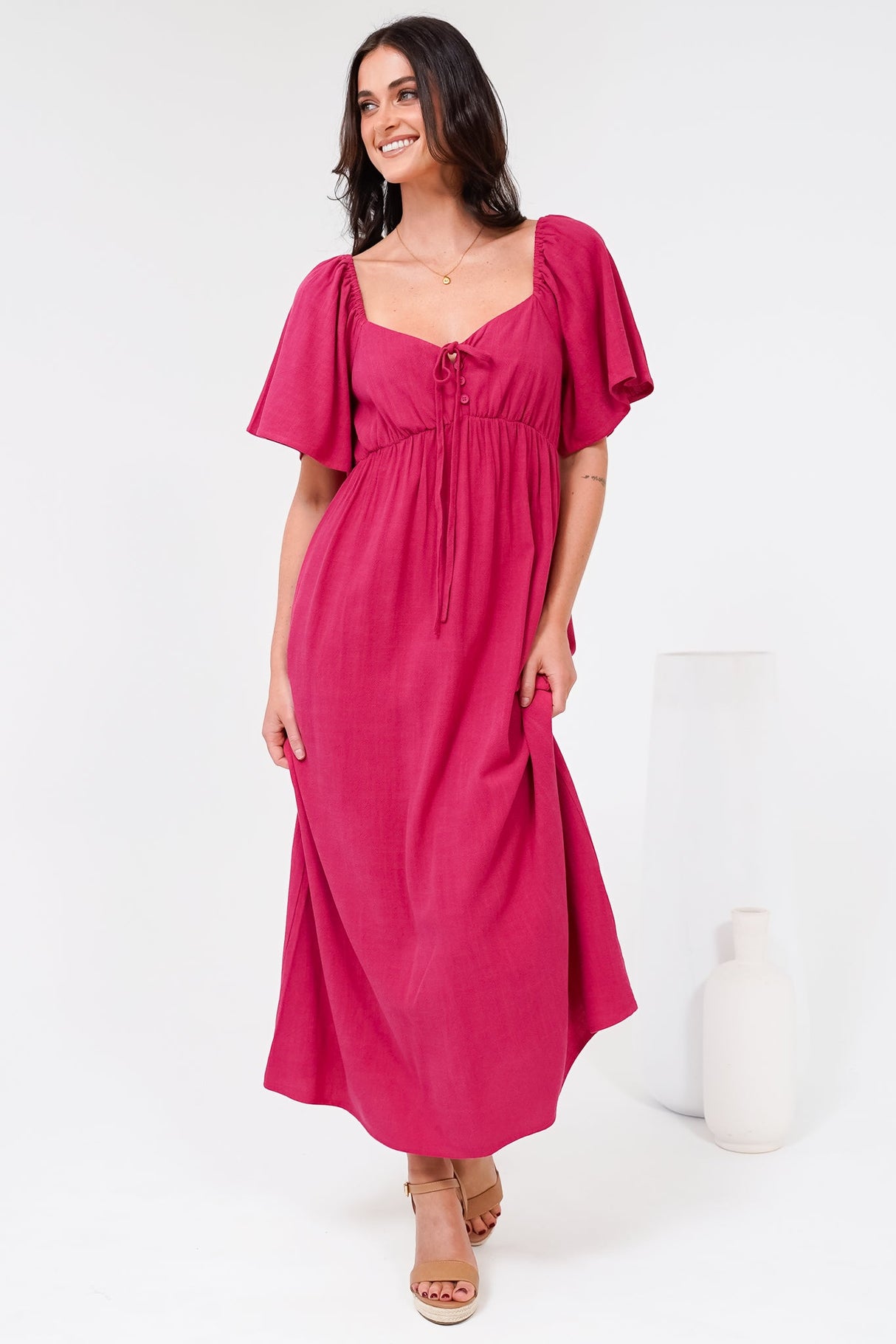 Henrietta Midi Dress - Sweetheart Neckline Short Sleeve Dress in Hot Pink