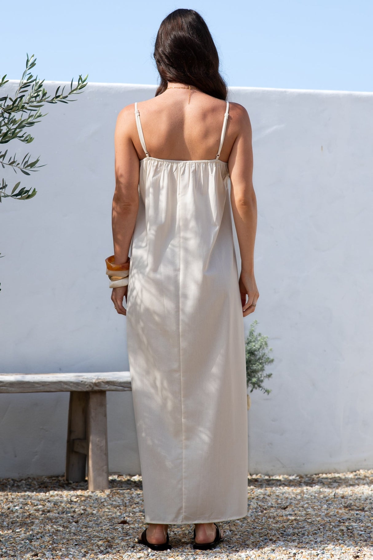 Hepburn Midi Dress - Adjustable Strap Pleated Bodice Sun Dress in Cream