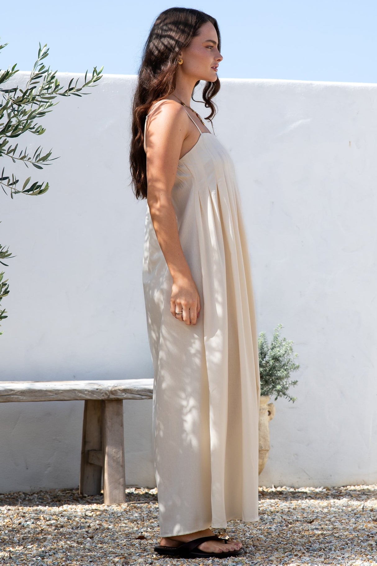 Hepburn Midi Dress - Adjustable Strap Pleated Bodice Sun Dress in Cream