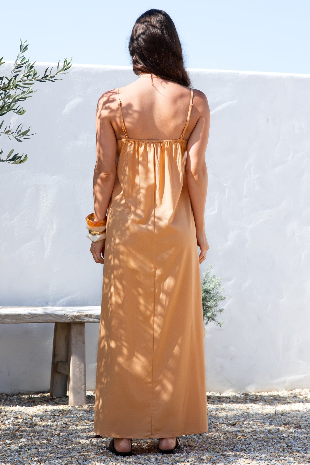 Hepburn Midi Dress - Adjustable Strap Pleated Bodice Sun Dress in Peach