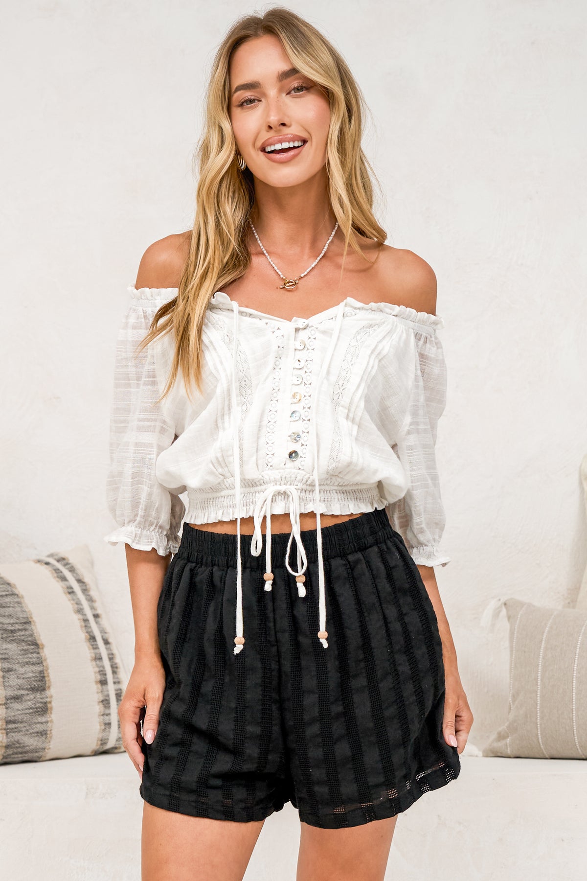 Hester Shorts - Relaxed Elasticated Waist Textured Short with Pockets in Black