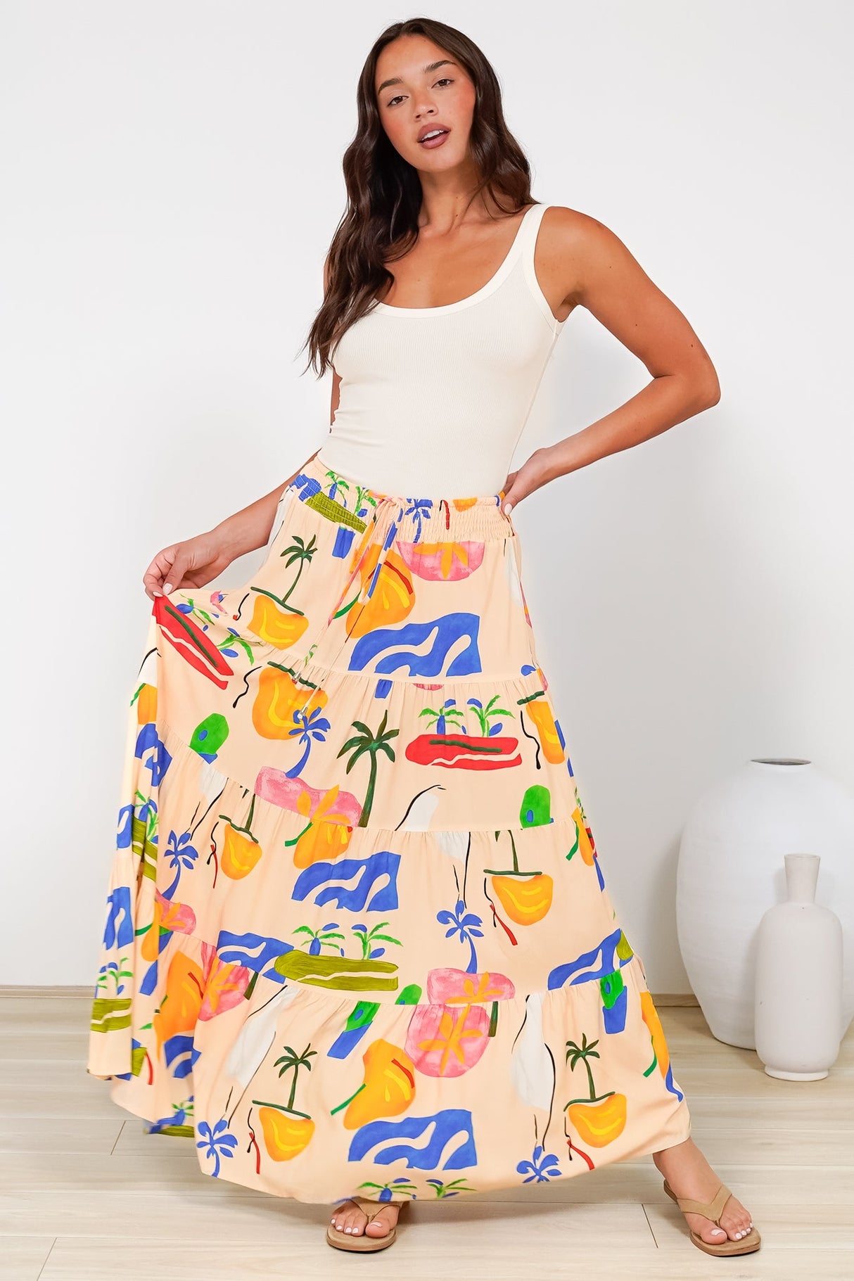 Heston Maxi Skirt - Mid Rise Tiered Maxi Skirt in Cruise Print Beige