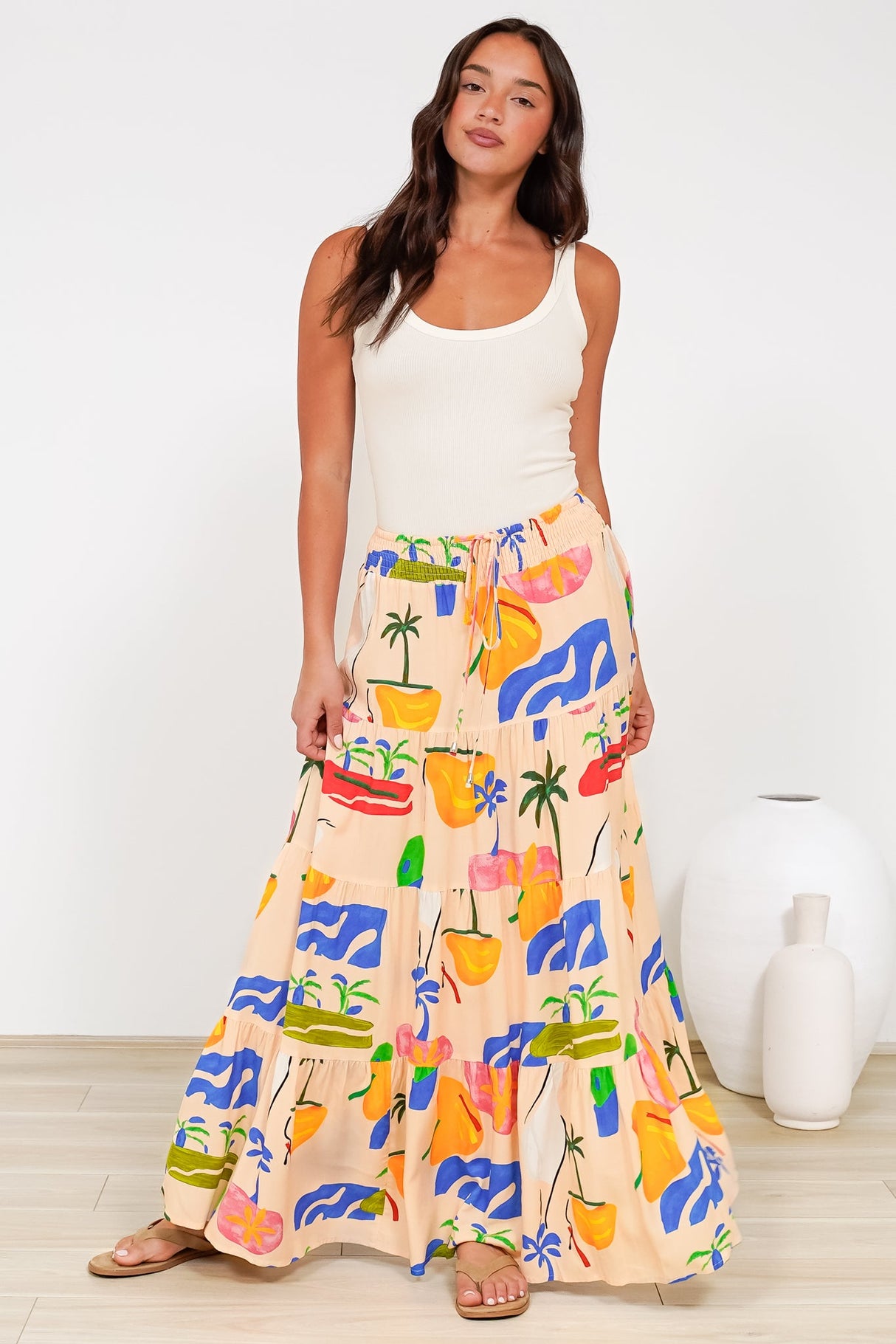 Heston Maxi Skirt - Mid Rise Tiered Maxi Skirt in Cruise Print Beige