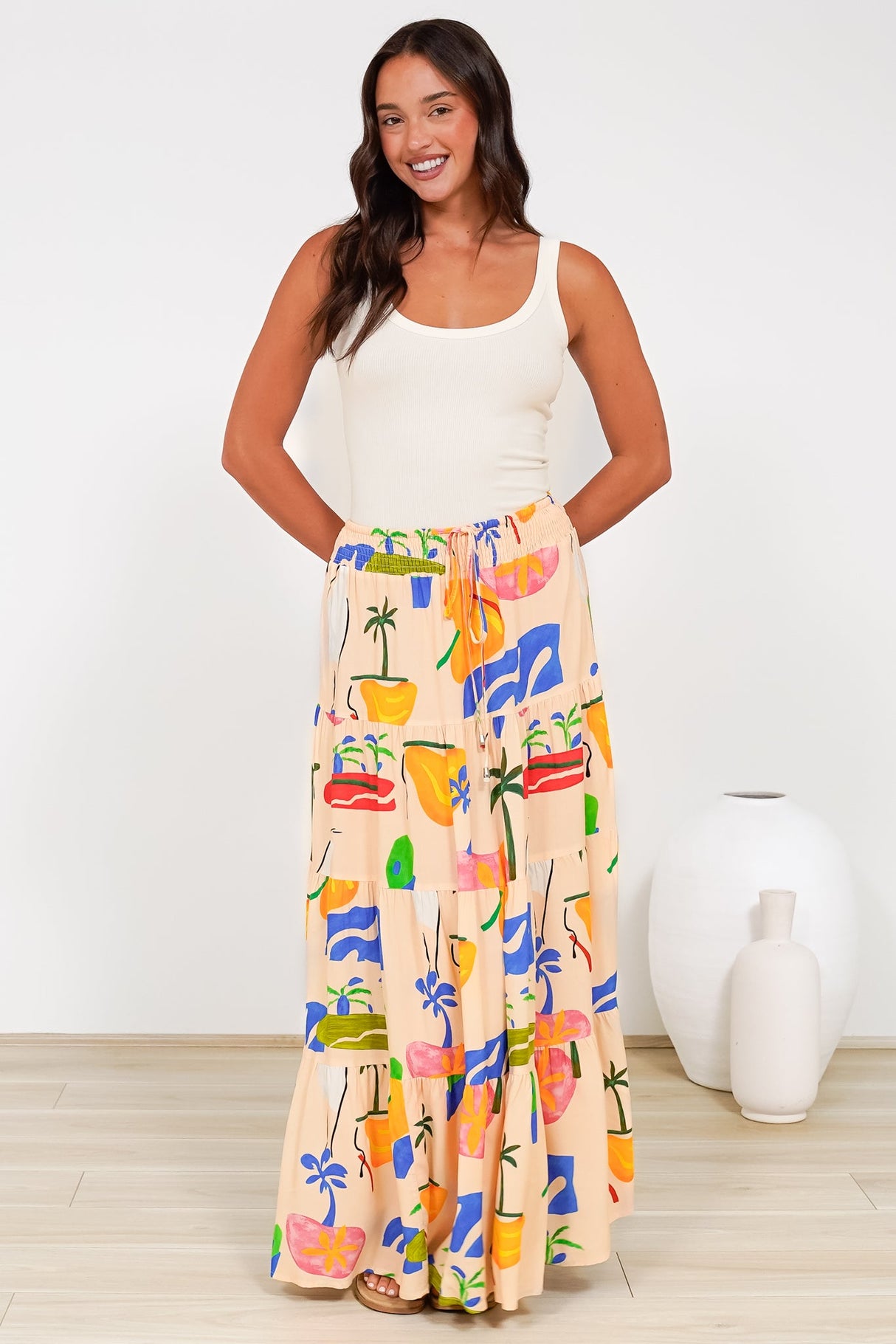 Heston Maxi Skirt - Mid Rise Tiered Maxi Skirt in Cruise Print Beige