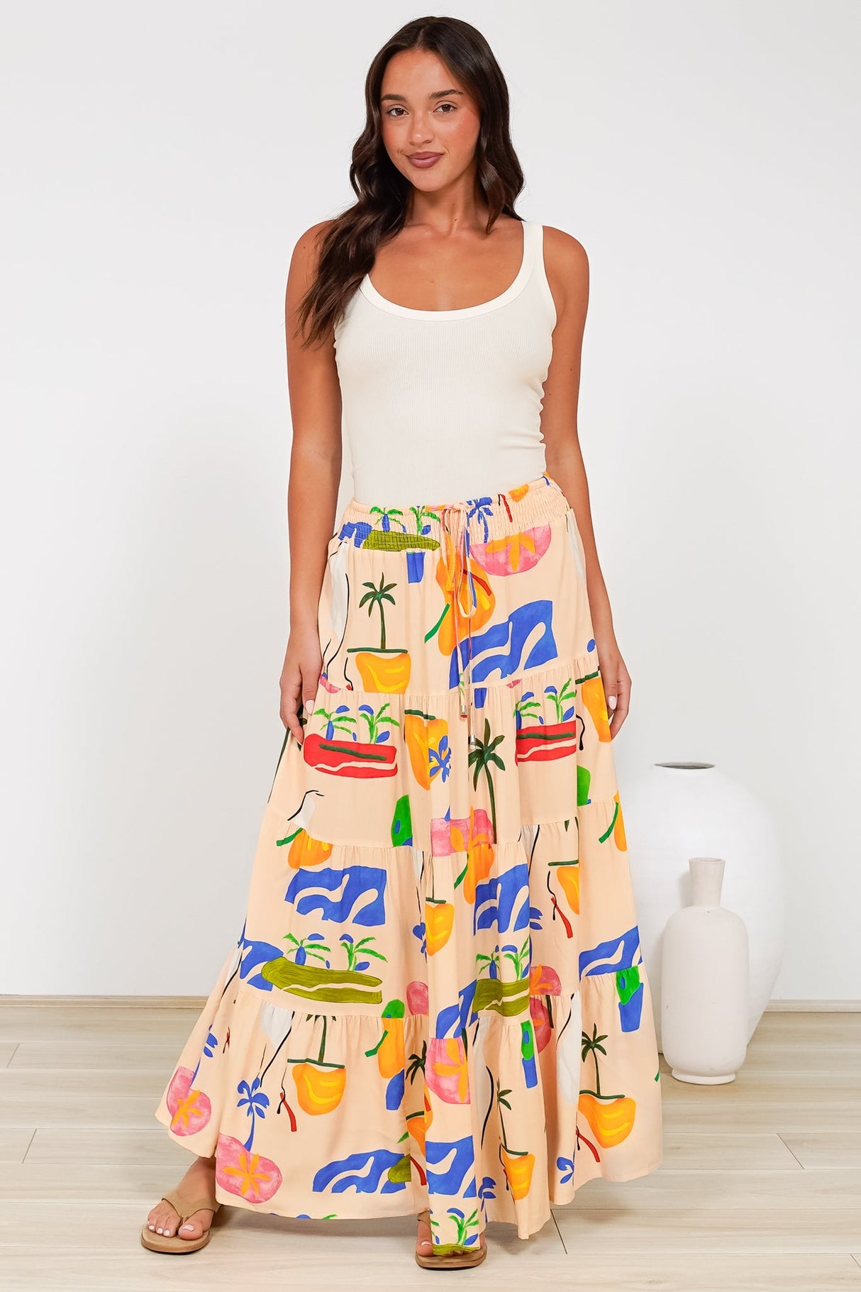 Heston Maxi Skirt - Mid Rise Tiered Maxi Skirt in Cruise Print Beige