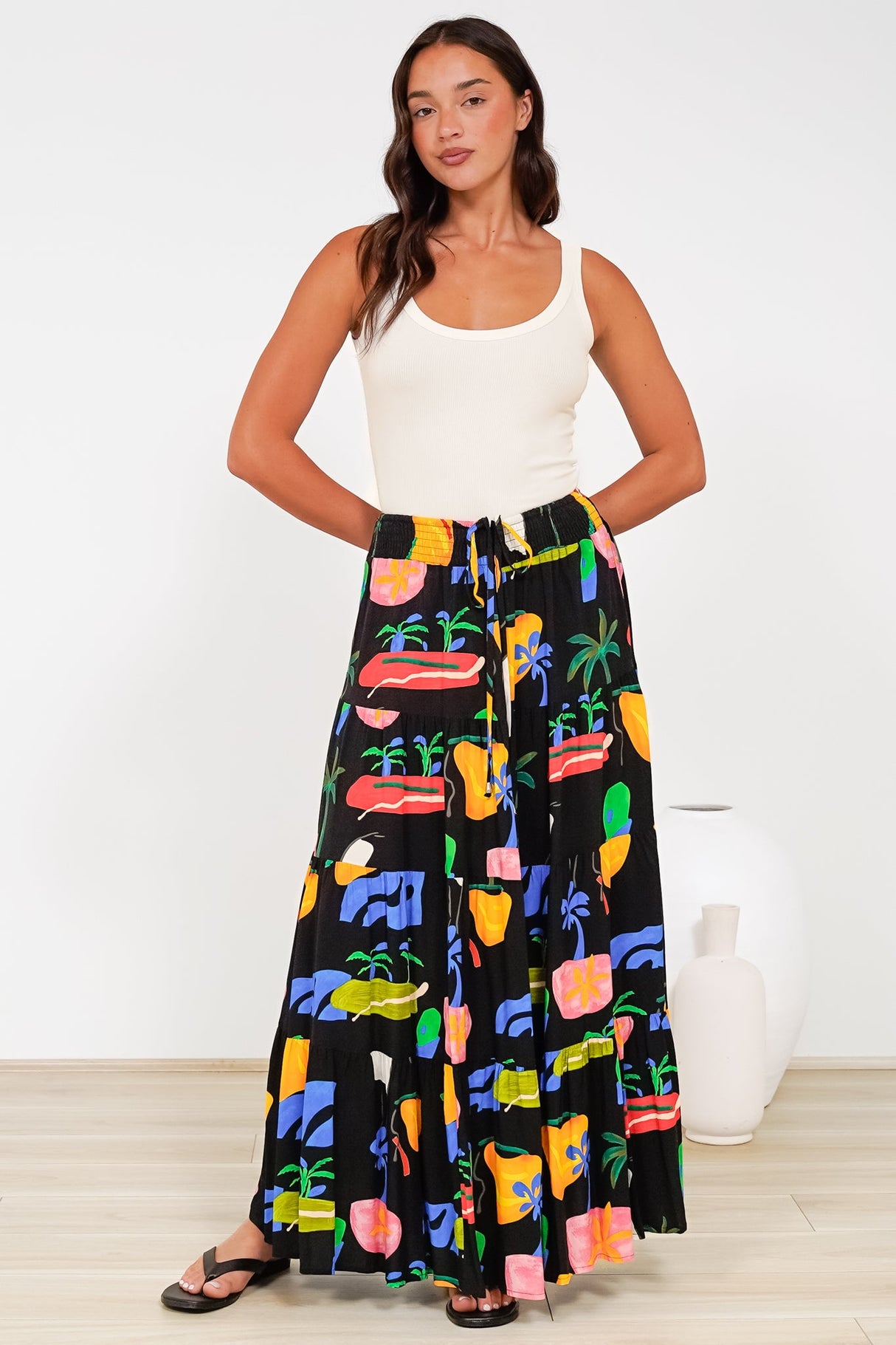 Heston Maxi Skirt - Mid Rise Tiered Maxi Skirt in Cruise Print Black