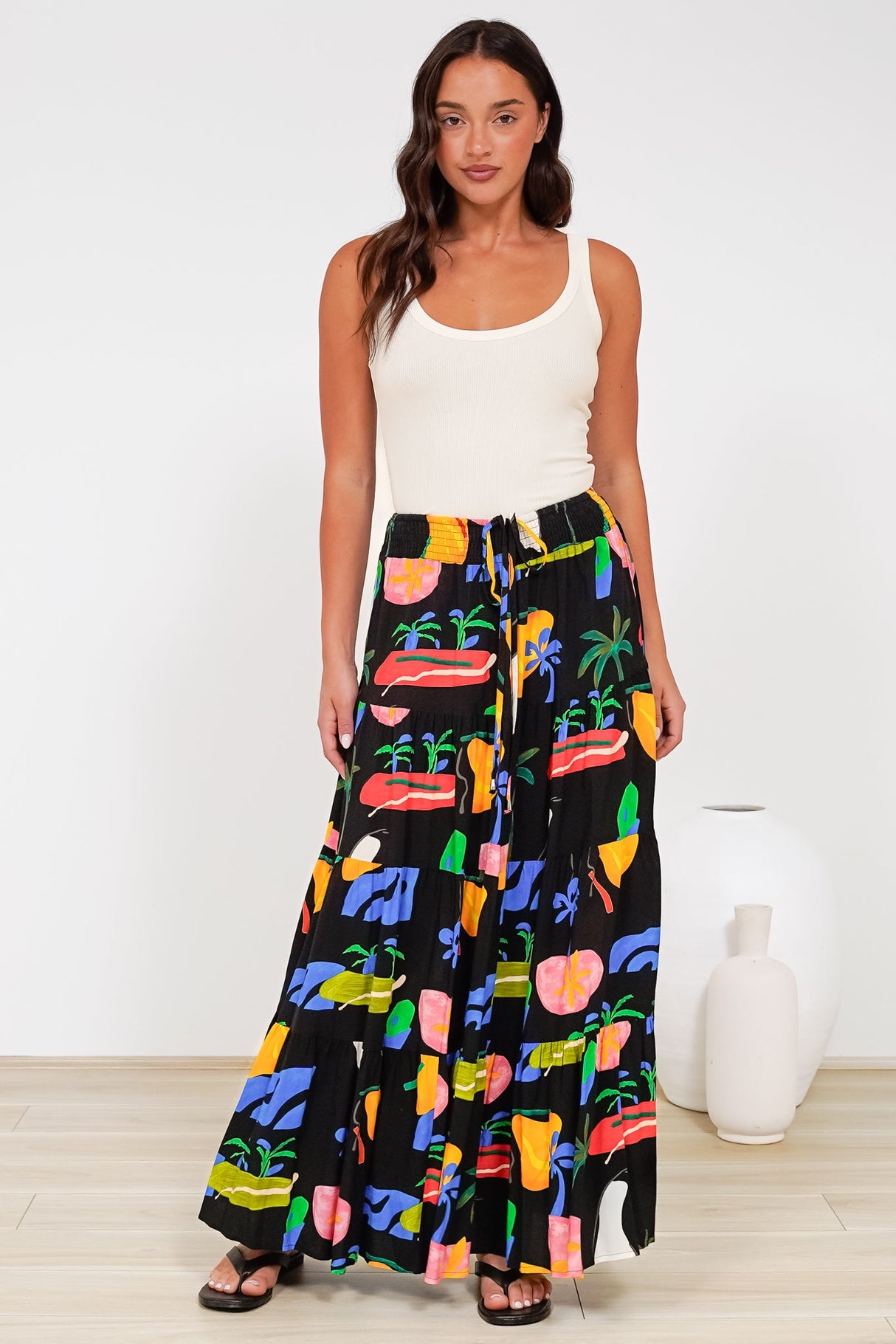 Heston Maxi Skirt - Mid Rise Tiered Maxi Skirt in Cruise Print Black