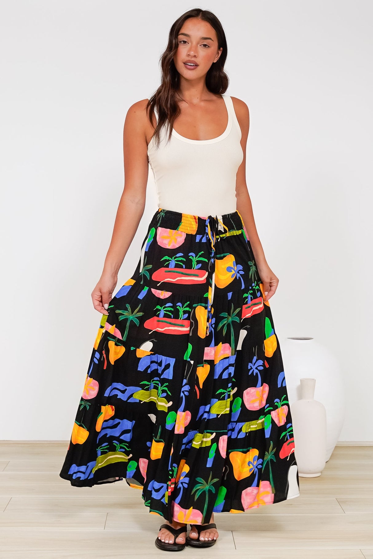 Heston Maxi Skirt - Mid Rise Tiered Maxi Skirt in Cruise Print Black