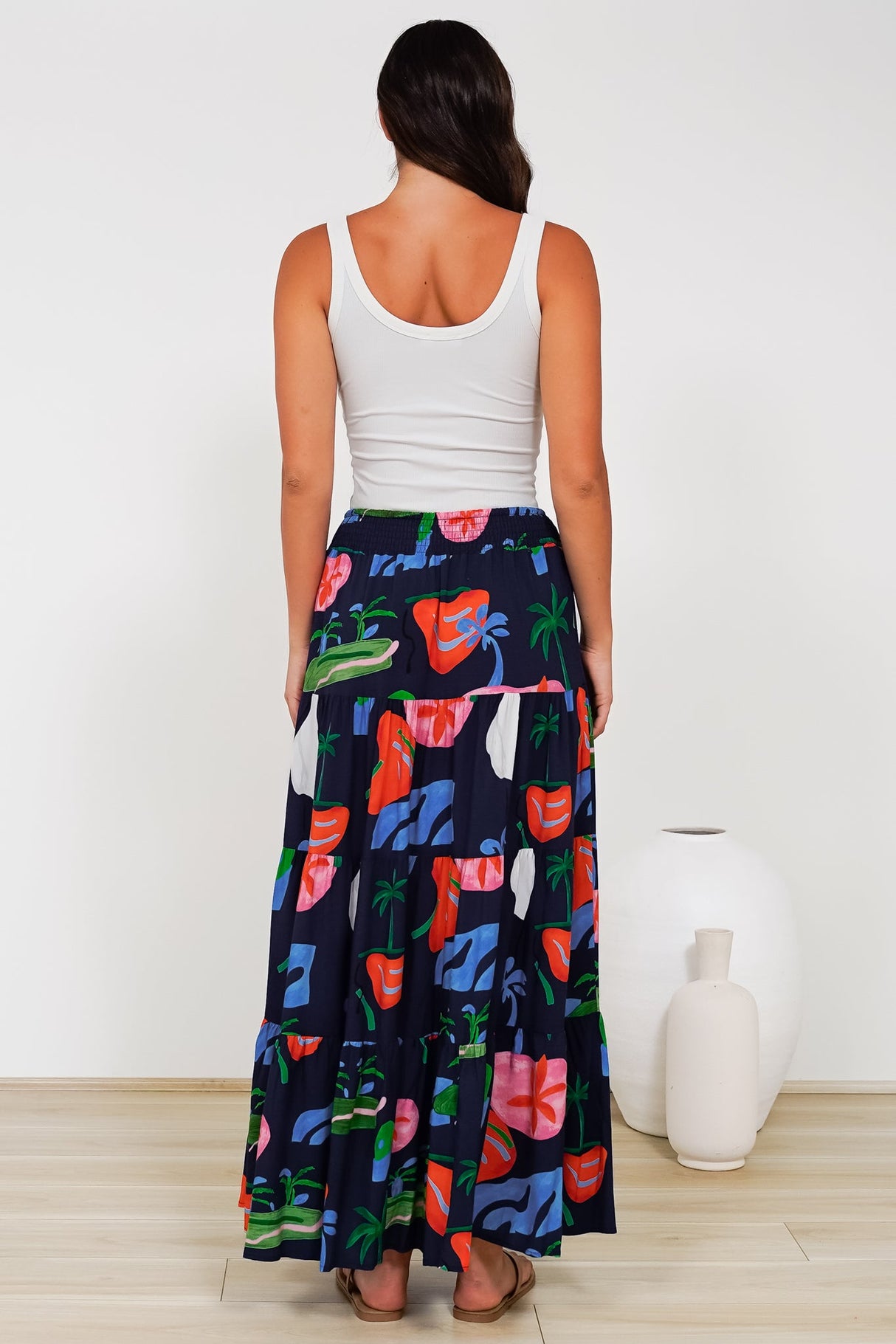 Heston Maxi Skirt - Mid Rise Tiered Maxi Skirt in Cruise Print Navy
