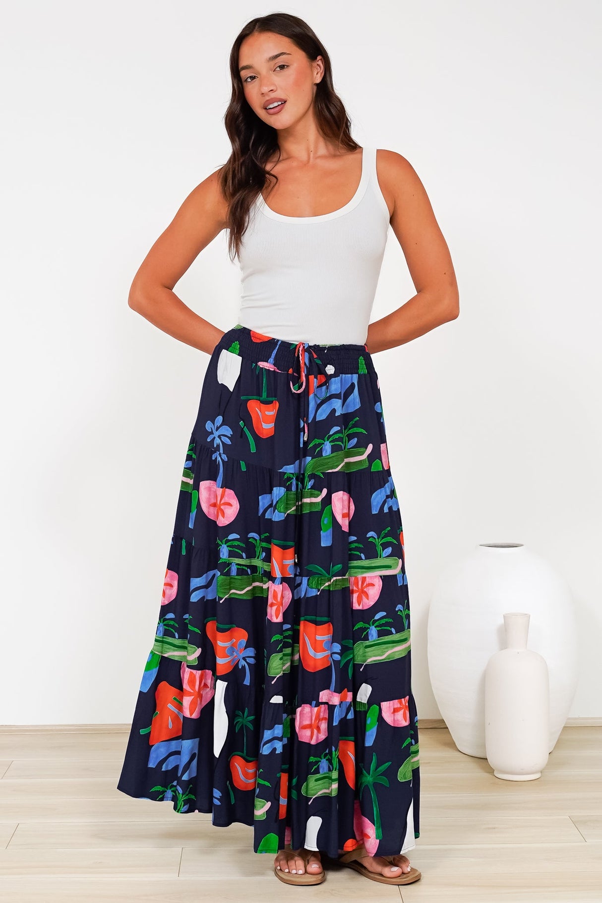 Heston Maxi Skirt - Mid Rise Tiered Maxi Skirt in Cruise Print Navy
