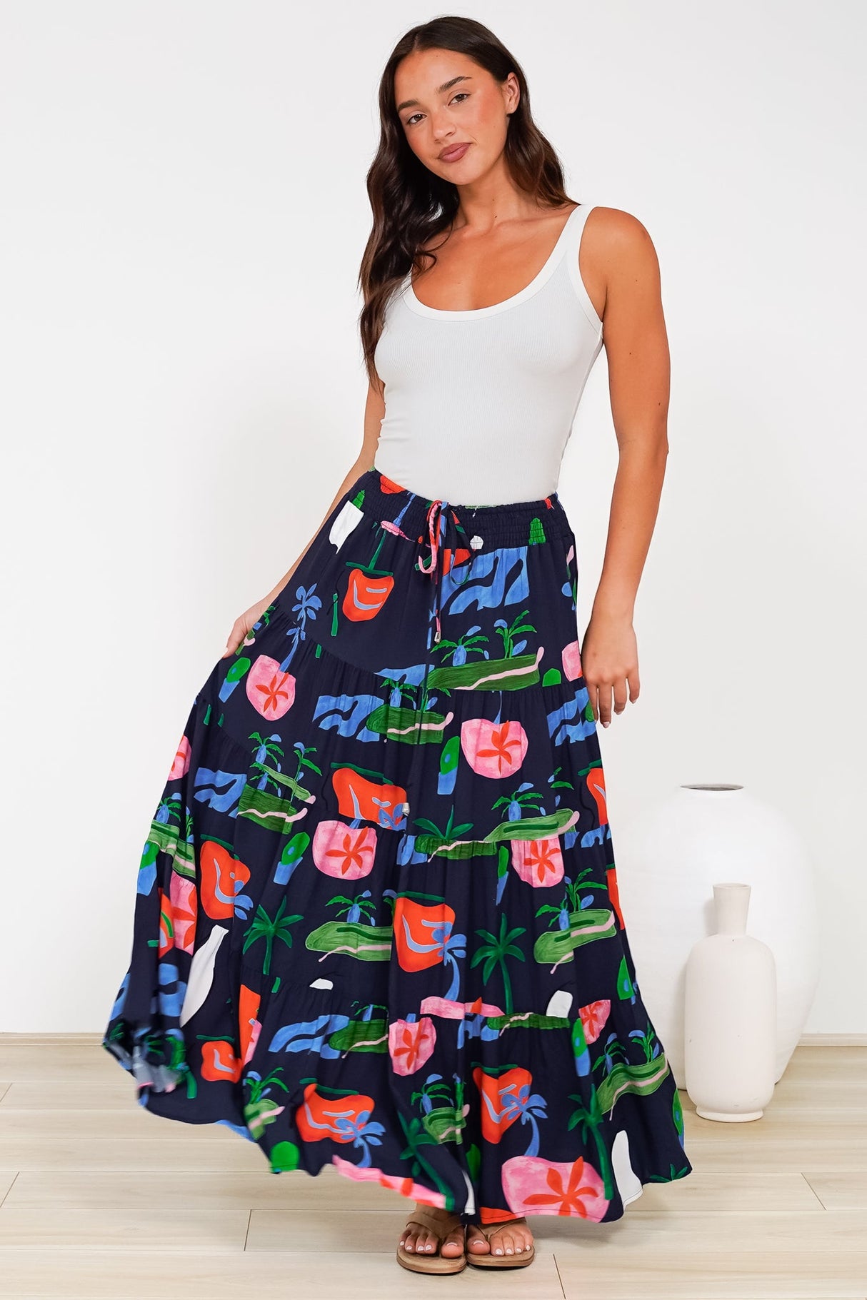 Heston Maxi Skirt - Mid Rise Tiered Maxi Skirt in Cruise Print Navy