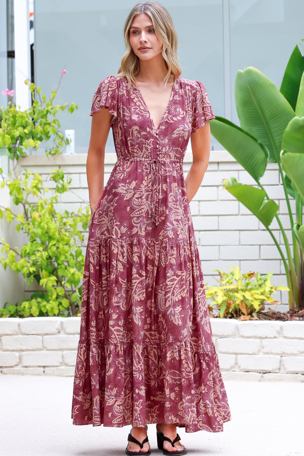 Hetta Maxi Dress - V Neck A Line Dress with Cap Flutter Sleeves in Harlan Print