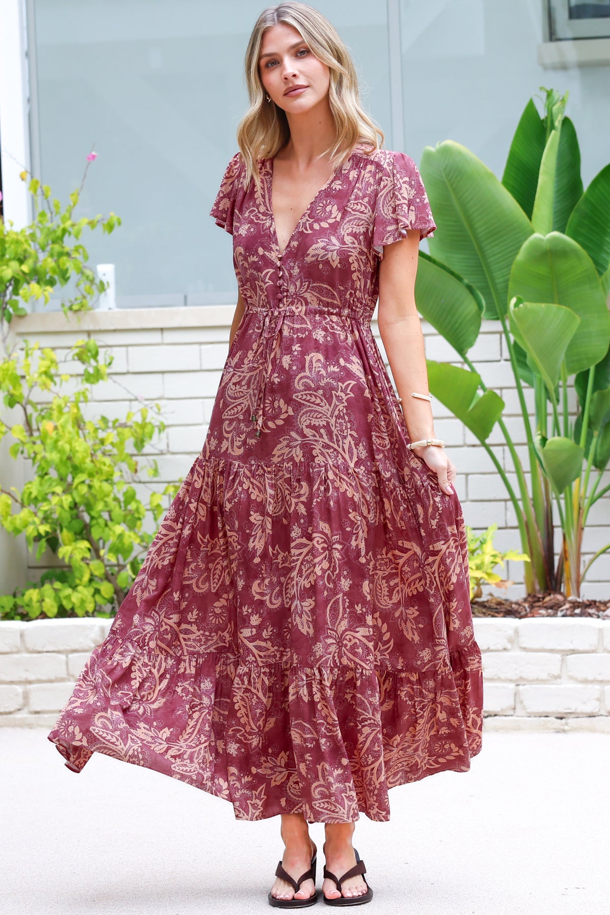 Hetta Maxi Dress - V Neck A Line Dress with Cap Flutter Sleeves in Harlan Print