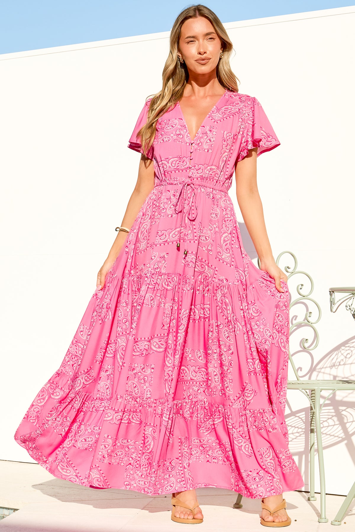 Hetta Maxi Dress - V Neck A Line Dress with Cap Flutter Sleeves in Verity Print