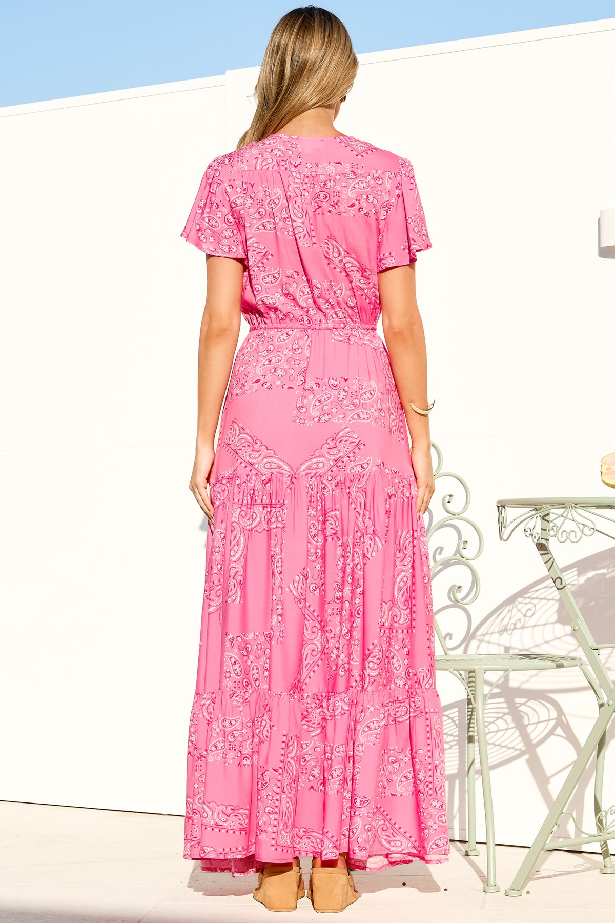 Hetta Maxi Dress - V Neck A Line Dress with Cap Flutter Sleeves in Verity Print