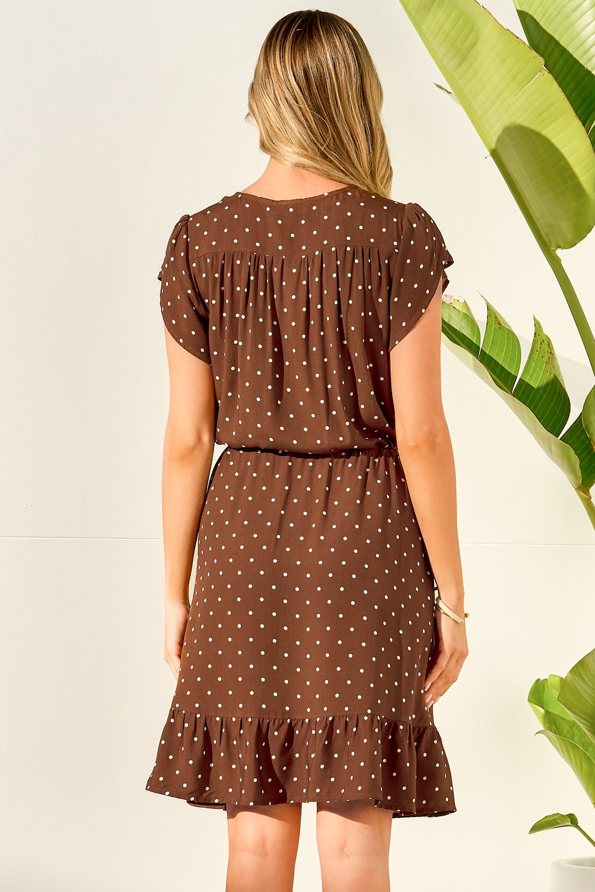 Hetta Mini Dress - V Neck Dress with Adjustable Tie Waist and Flutter Cap Sleeves in Mally Spot Print Brown