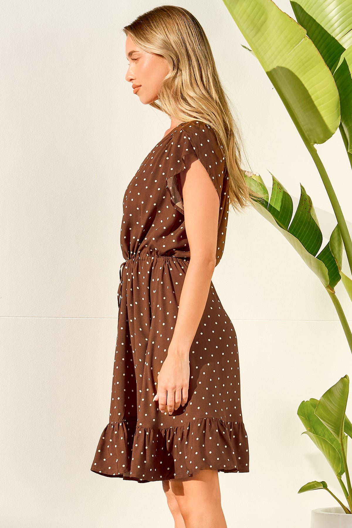 Hetta Mini Dress - V Neck Dress with Adjustable Tie Waist and Flutter Cap Sleeves in Mally Spot Print Brown