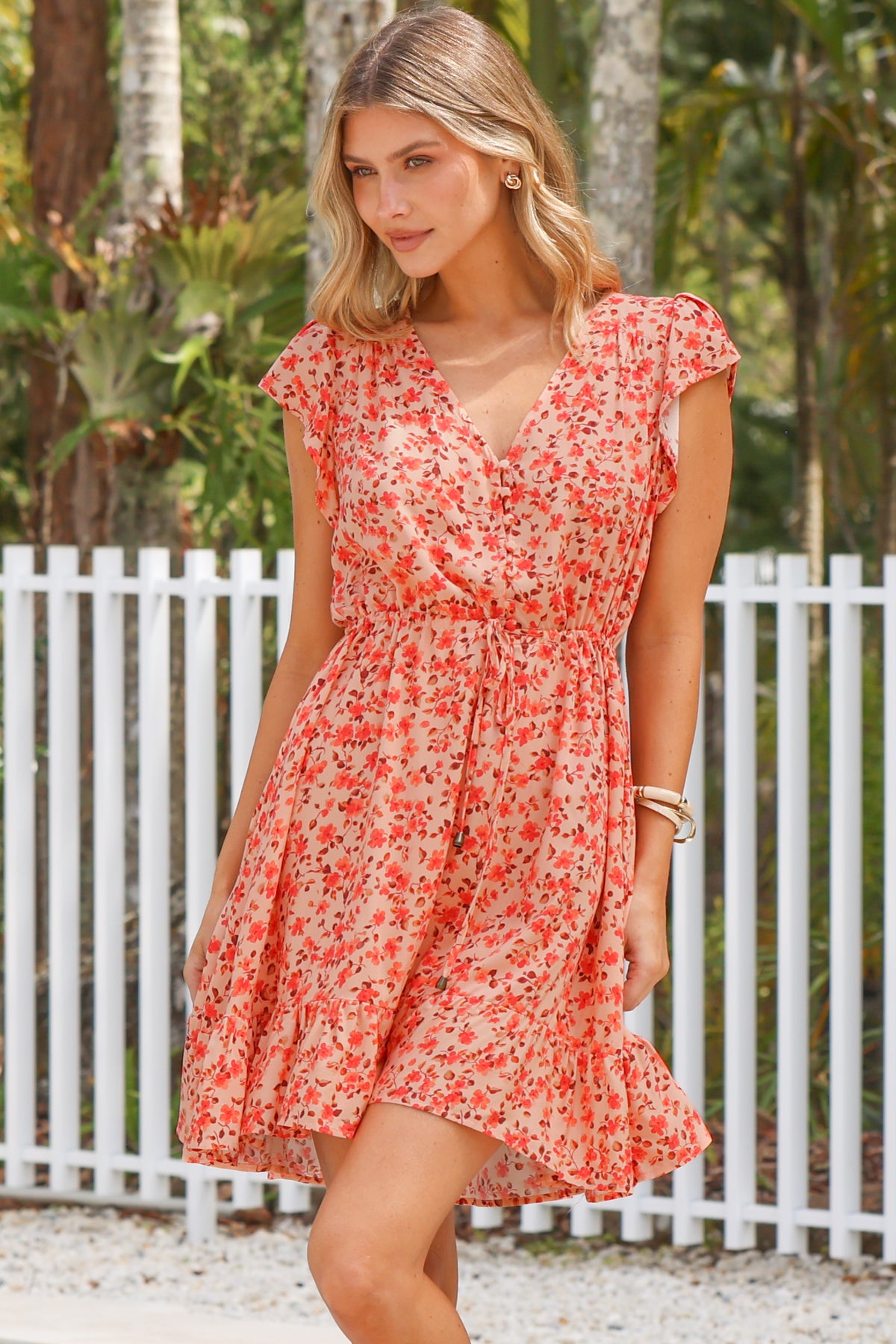 Hetta Mini Dress - V Neck Dress with Adjustable Tie Waist and Flutter Cap Sleeves in Montie Print