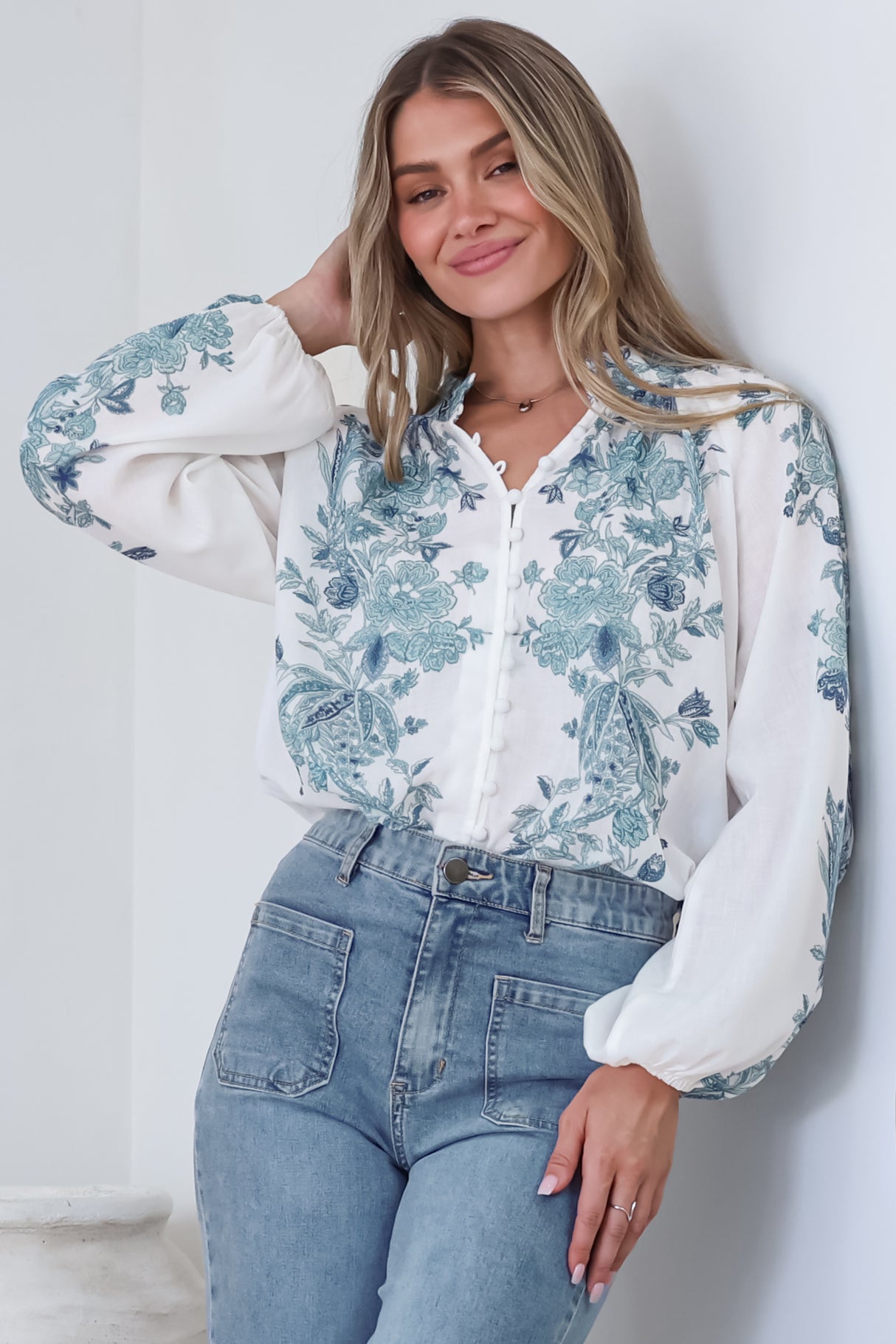 Hilary Blouse - Mandarin Collar Linen Button Down with Balloon Sleeves in Gemma Print Blue