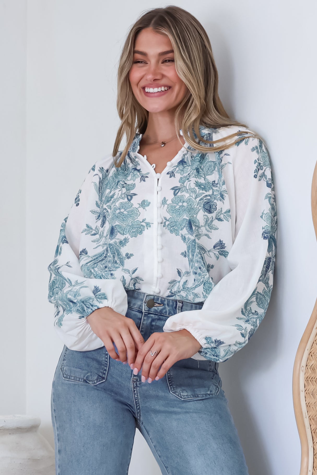 Hilary Blouse - Mandarin Collar Linen Button Down with Balloon Sleeves in Gemma Print Blue