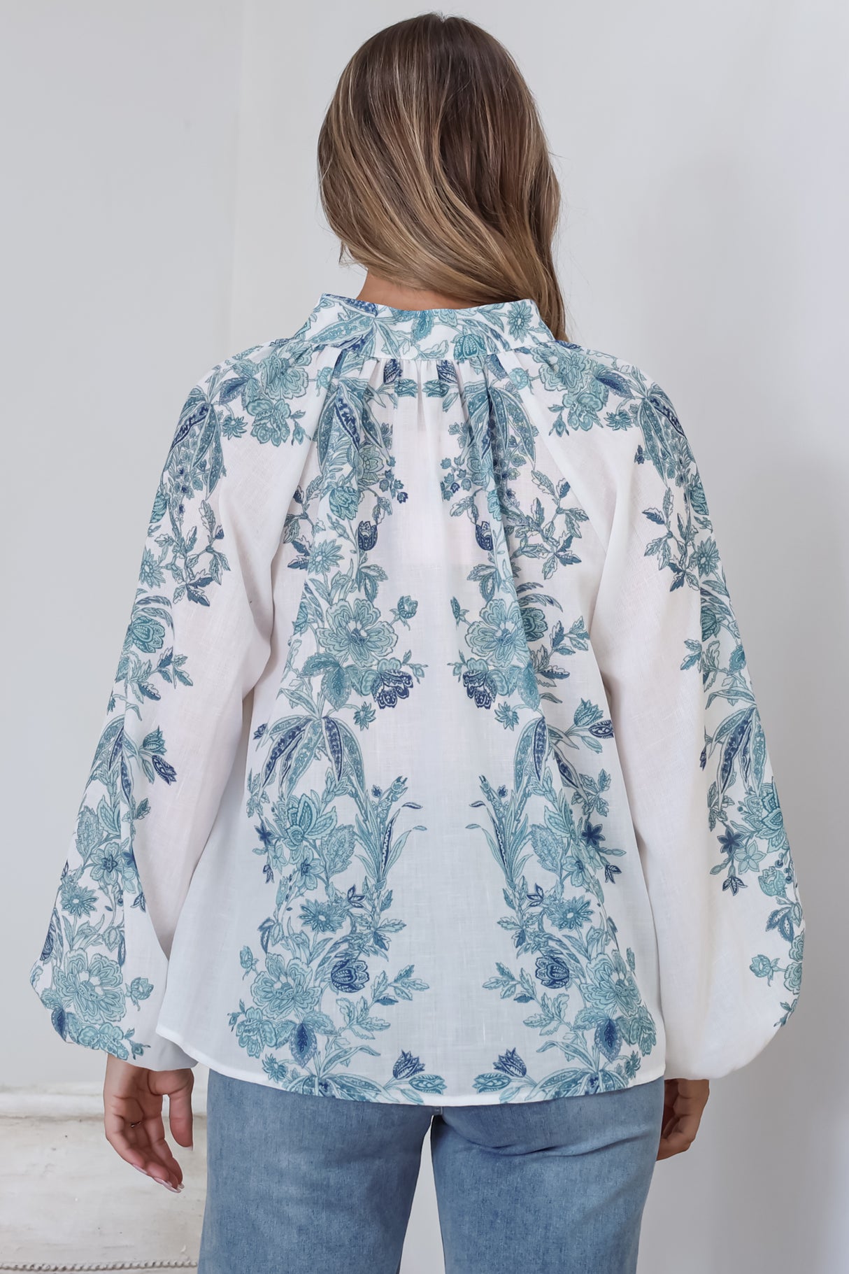 Hilary Blouse - Mandarin Collar Linen Button Down with Balloon Sleeves in Gemma Print Blue