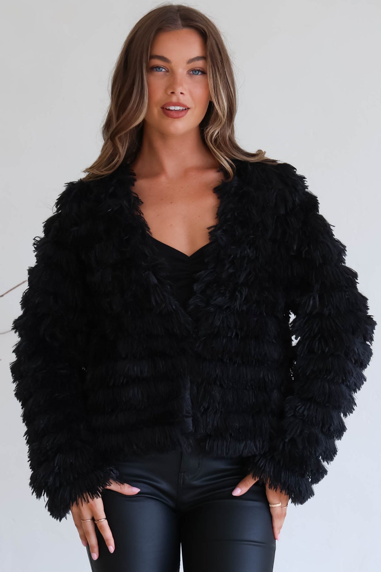 Hilton Jacket - Faux Fur Open Front Jacket in Black