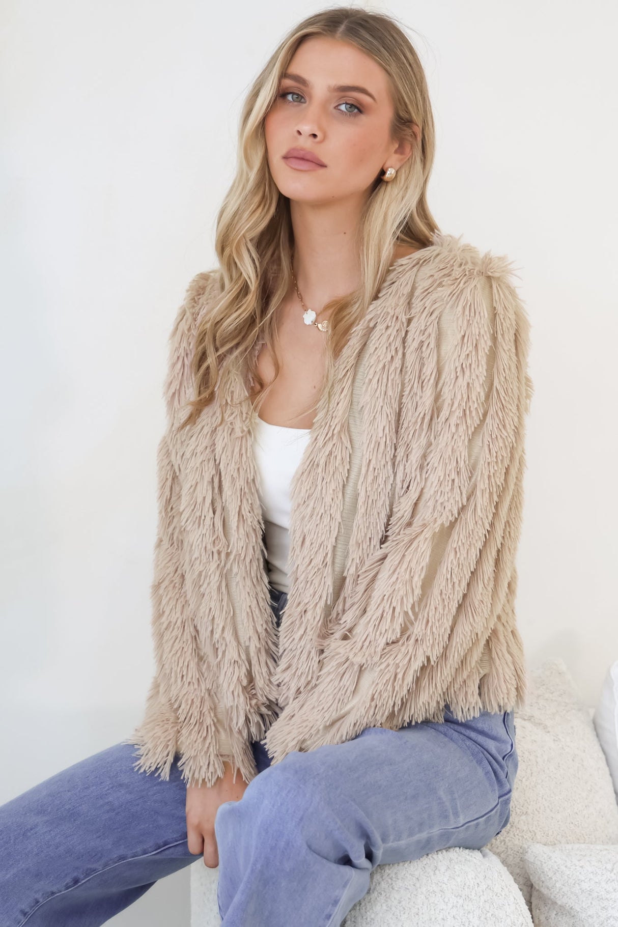Hilton Jacket - Faux Fur Open Front Jacket in Beige