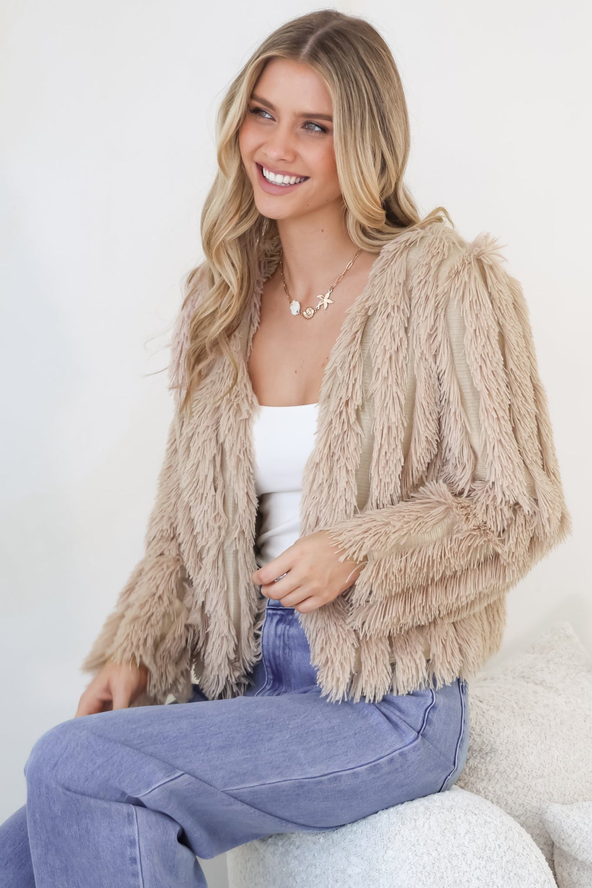 Hilton Jacket - Faux Fur Open Front Jacket in Beige
