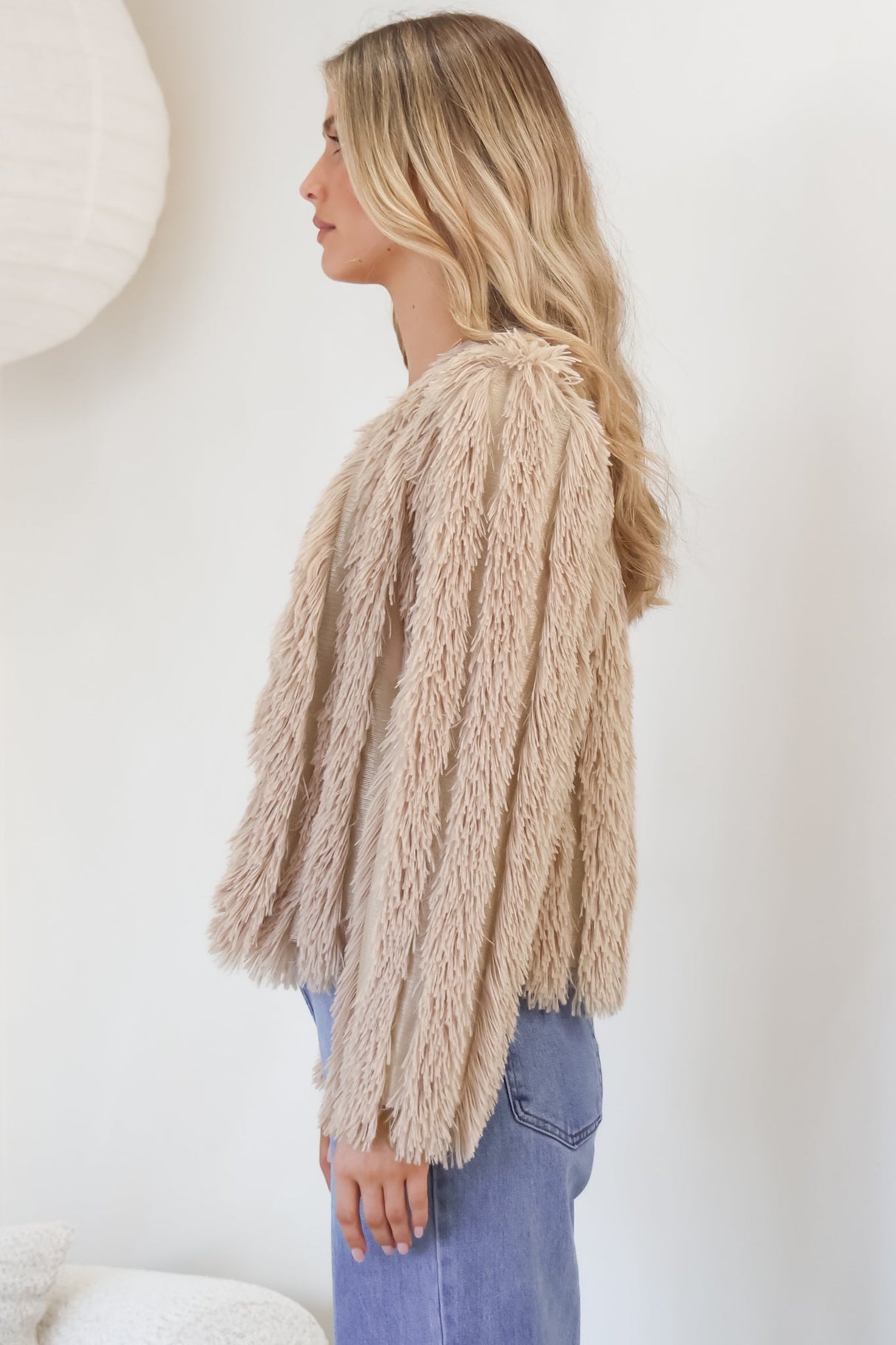 Hilton Jacket - Faux Fur Open Front Jacket in Beige