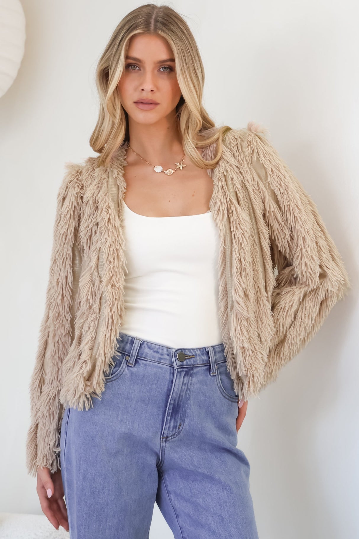 Hilton Jacket - Faux Fur Open Front Jacket in Beige