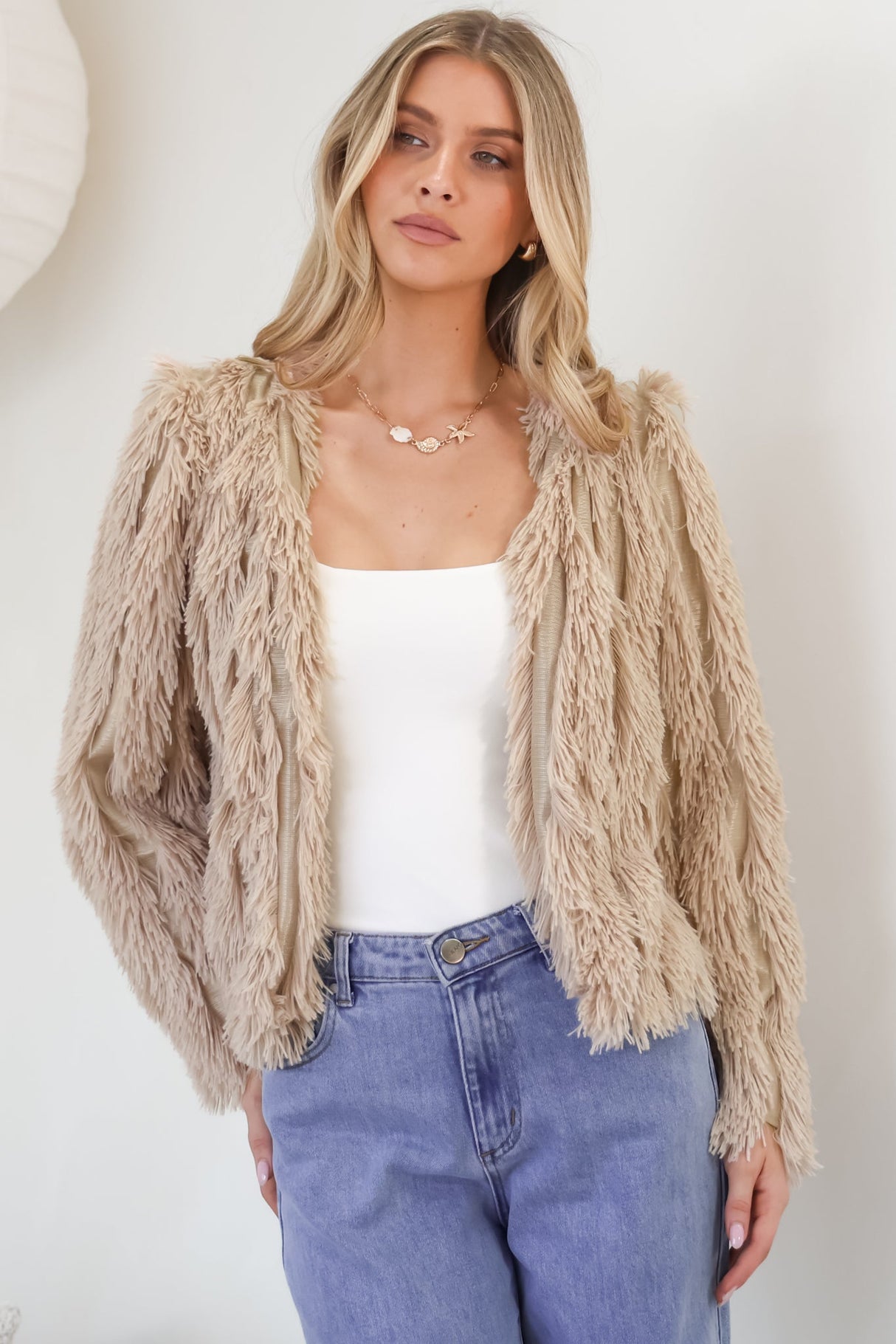 Hilton Jacket - Faux Fur Open Front Jacket in Beige