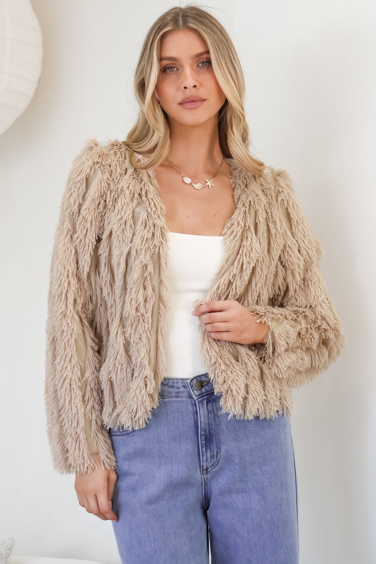 Hilton Jacket - Faux Fur Open Front Jacket in Beige