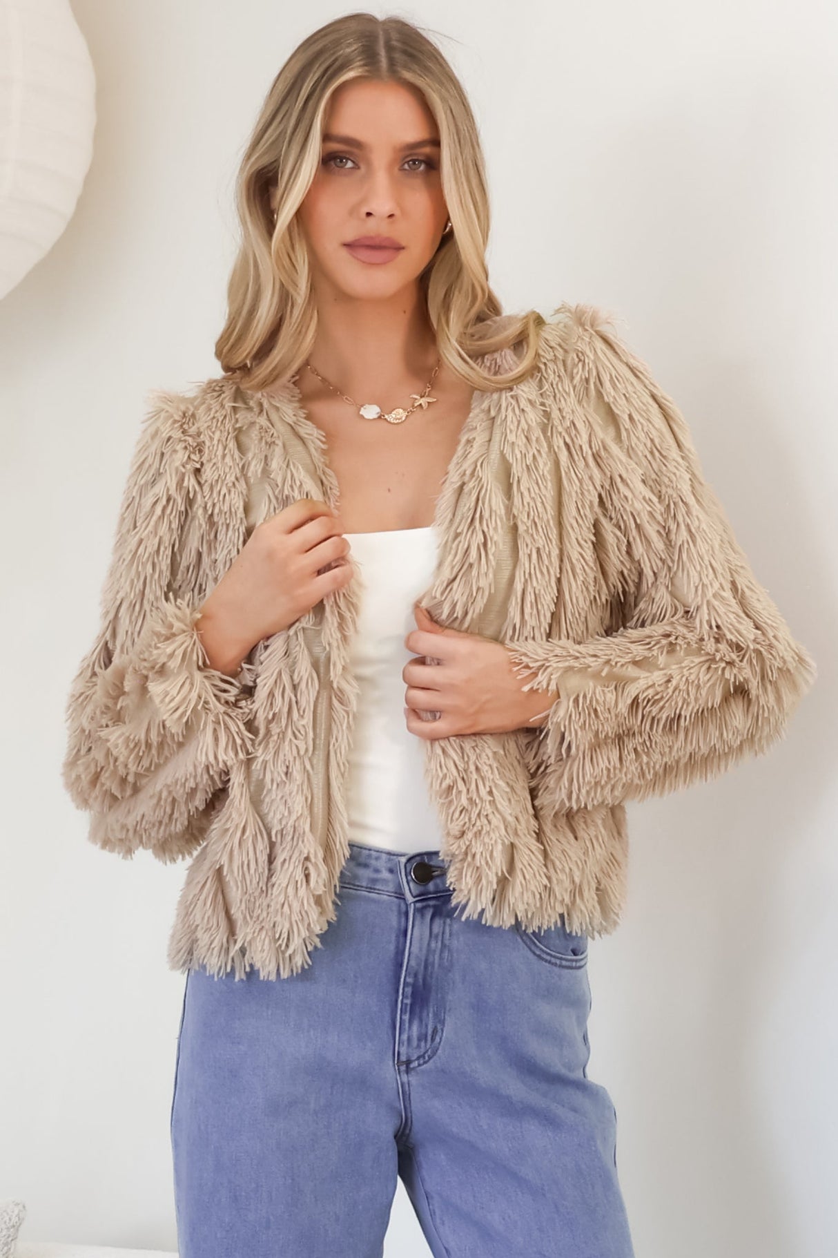 Hilton Jacket - Faux Fur Open Front Jacket in Beige